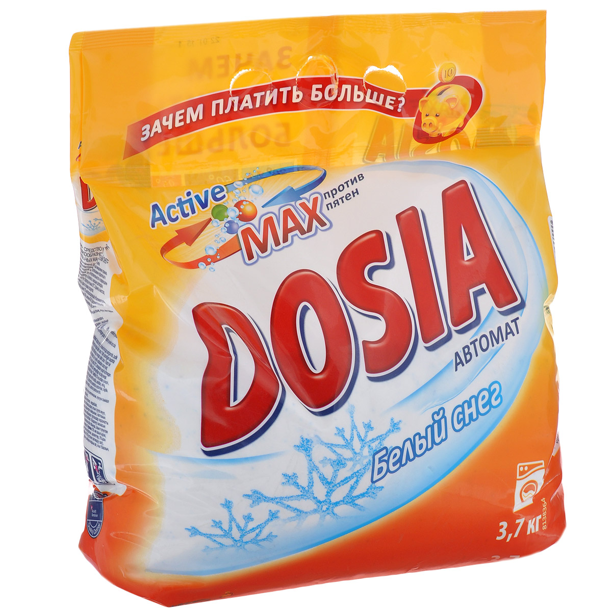 Стиральный порошок Dosia Active Max. Белый снег, 3,7 кг325332 Стиральный порошок Dosia Active Max. Белый снег, 3,7 кг325332Стиральный порошок Dosia Active Max. Белый снег - синтетическое моющее порошкообразное средство для автоматических стиральных машин. Порошок отлично справляется с различными пятнами и придает белью неповторимую свежесть. Не предназначен для стирки изделий из шерсти и шелка. Благодаря специально разработанной формуле Active Max, порошок: - качественно удаляет даже самые сложные пятна, - отстирывает бережно и эффективно, не повреждая волокна ткани, - придает белью свежесть. Состав: 5% и более, но не менее 15% цеолиты и анионные ПАВ; менее 5% неоиногенные ПАВ; энзимы, оптический отбеливатель, отдушка. Товар сертифицирован.