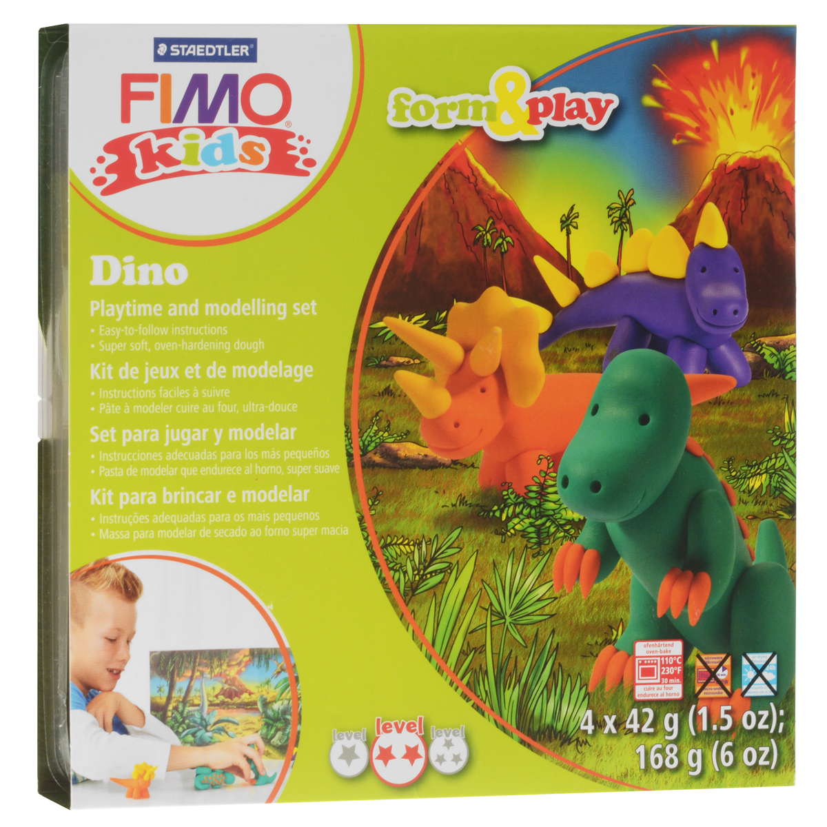 Набор для лепки Fimo Kids Дино8034 07 LZ Набор для лепки Fimo Kids Дино8034 07 LZНабор для лепки Fimo Kids Дино представляет собой сочетание моделирования и игры. Набор включает в себя: 4 блока массы для лепки по 42 г (желтый, оранжевый, зеленый, фиолетовый), стек для моделирования, игровая фоновая сцена. Входящая в набор полимерная глина разработана специально для детей, она мягкая, пластичная и ей легко придавать различные формы. Игровая фоновая сцена, изображенная на внутренней стороне упаковки, не только доставит дополнительное удовольствие от игры, но и вдохновит на новые идеи моделирования. При помощи этого набора ваш малыш сможет своими руками изготовить забавные фигурки динозавров. В домашних условиях готовая поделка выпекается в духовом шкафу при температуре 110°С в течении 15-30 минут (в зависимости от величины изделия). Отвердевшие изделия могут быть раскрашены акриловыми красками, покрыты лаком, склеены друг с другом или с другими материалами.