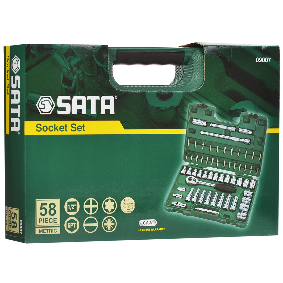Набор торцевых головок SATA 58пр. 0900709007 Набор торцевых головок SATA 58пр. 0900709007Набор инструментов Sata - это необходимый предмет в каждом доме. Он включает в себя 58 предметов, и упакован в удобный пластиковый кейс. Такой набор будет идеальным подарком мужчине. Преимуществом любого набора марки SATA является то, что любую его составляющую вы можете приобрести отдельно. Состав набора: головки торцевые шестигранные удлиненные 1/2: 10 мм, 11 мм, 12 мм, 13 мм, 14 мм, 15 мм, 17 мм, 19 мм; головки торцевые шестигранные 1/2: 10 мм, 11 мм, 12 мм, 13 мм, 14 мм, 15 мм, 16 мм, 17 мм, 18 мм, 19 мм, 20 мм, 21 мм, 22 мм, 24 мм, 27 мм, 30 мм, 32 мм; биты шлицевые: 8 мм, 10 мм, 12 мм; биты Phillips: РН1, РН2, РН3, РН4; биты TORX: Т-20, Т-25, Т-30, Т-40, Т-45, Т-50, Т-55; биты НЕХ: 4 мм, 5 мм, 6 мм, 8 мм, 10 мм, 12 мм, 14 мм; привод 1/2; рукоятка реверсивная 1/2; удлинители 1/2: 125 мм, 250 мм; шарнир карданный 1/2; адаптер 1/2 - 3/8; адаптер для битов 1/2; ...