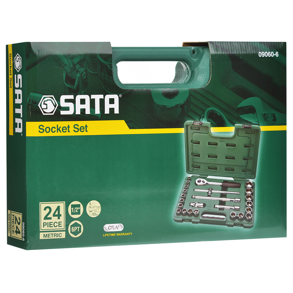 Набор торцевых головок SATA 24пр. 09060 (09060-6)09060 (09060-6) Набор торцевых головок SATA 24пр. 09060 (09060-6)09060 (09060-6)Набор инструментов Sata - это необходимый предмет в каждом доме. Он включает в себя 24 предмета, и упакован в удобный пластиковый кейс. Такой набор будет идеальным подарком мужчине. Преимуществом любого набора марки SATA является то, что любую его составляющую вы можете приобрести отдельно. Состав набора: головки торцевые 1/2 6-гранные: 9 мм, 10 мм, 11 мм, 12 мм, 13 мм, 14 мм, 15 мм, 16 мм, 17 мм, 18 мм, 19 мм, 20 мм, 21 мм, 22 мм, 23 мм, 24 мм, 27 мм, 30 мм, 32 мм; рукоятка реверсивная 1/2; удлинители 1/2: 125 мм, 250 мм;; вороток 1/2: 250 мм; шарнир карданный 1/2.