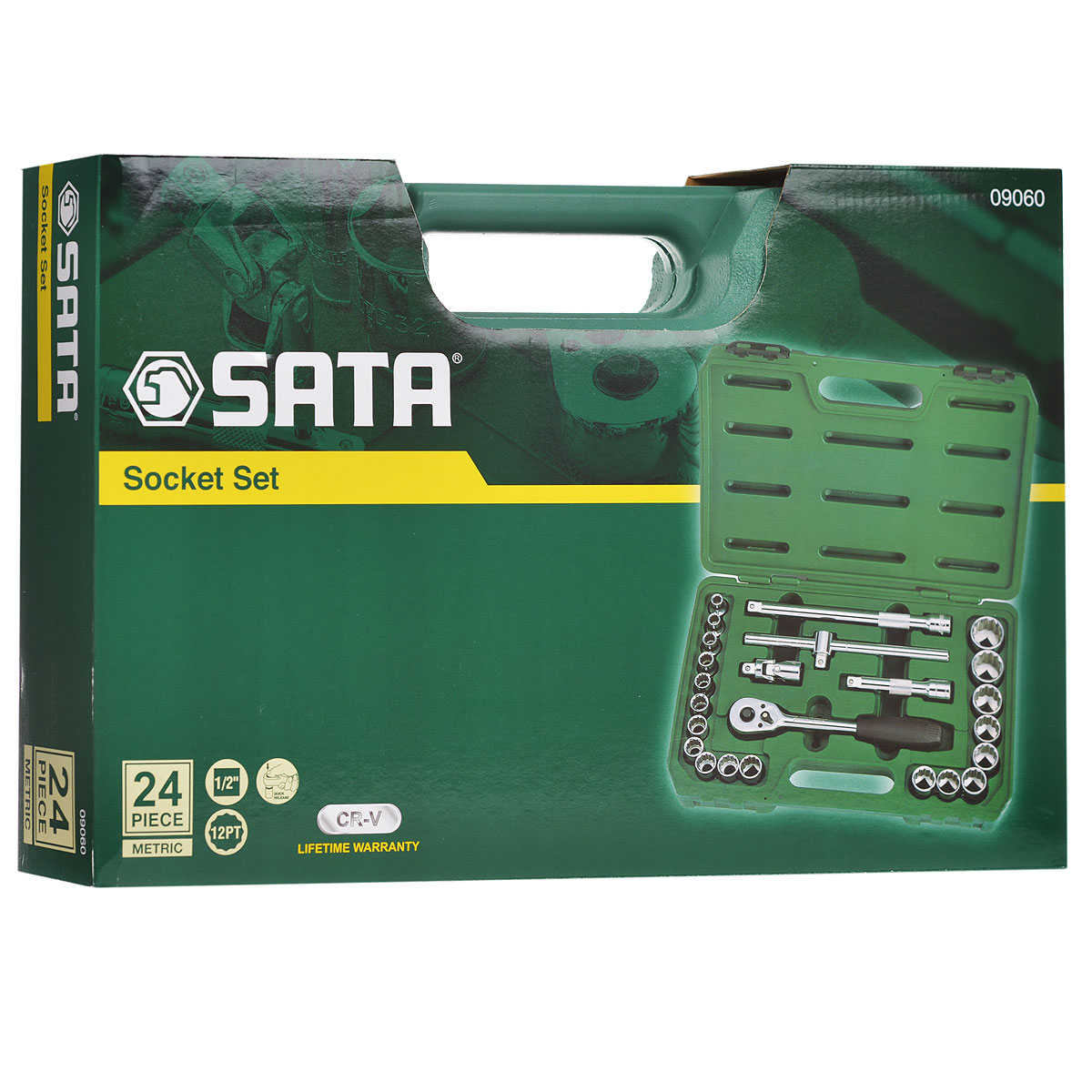 Набор торцевых головок SATA 24пр. 0906009060 Набор торцевых головок SATA 24пр. 0906009060Набор инструментов Sata - это необходимый предмет в каждом доме. Он включает в себя 24 предмета, и упакован в удобный пластиковый кейс. Такой набор будет идеальным подарком мужчине. Преимуществом любого набора марки SATA является то, что любую его составляющую вы можете приобрести отдельно. Состав набора: головки торцевые 1/2 12 граней: 9 мм, 10 мм, 11 мм, 12 мм, 13 мм, 14 мм, 15 мм, 16 мм, 17 мм, 18 мм, 19 мм, 20 мм, 21 мм, 22 мм, 24 мм, 27 мм, 30 мм, 32 мм; рукоятка реверсивная 1/2; удлинители 1/2: 125 мм, 250 мм; вороток 1/2 250 мм; шарнир карданный 1/2.