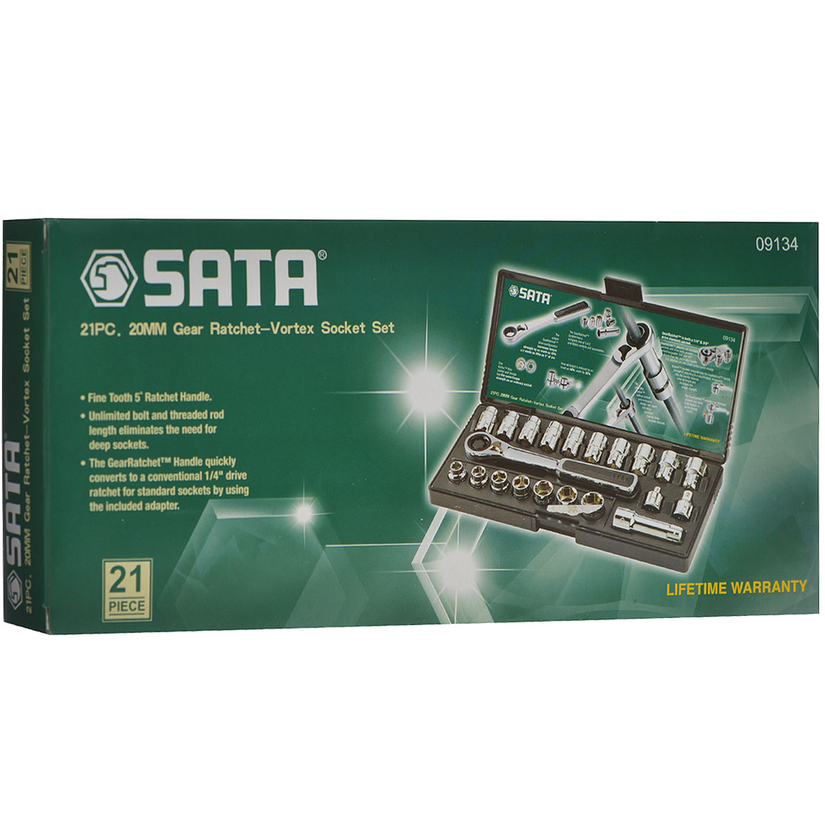 Набор торцевых головок SATA 21пр. 0913409134 Набор торцевых головок SATA 21пр. 0913409134Набор инструментов Sata - это необходимый предмет в каждом доме. Он включает в себя 21 предмет, и упакован в небольшой пластиковый кейс. Такой набор будет идеальным подарком мужчине. Состав набора: метрические полые головки: 10 мм, 11 мм, 12 мм, 13 мм, 14 мм, 15 мм, 16 мм, 17 мм, 18 мм, 19 мм; головки: 3/8, 7/16, 1/2, 5/8, 9/16, 11/16, 3/4; адаптер: 1/4, 3/8; переходник: 3; ключ реверсивный трещоточный.