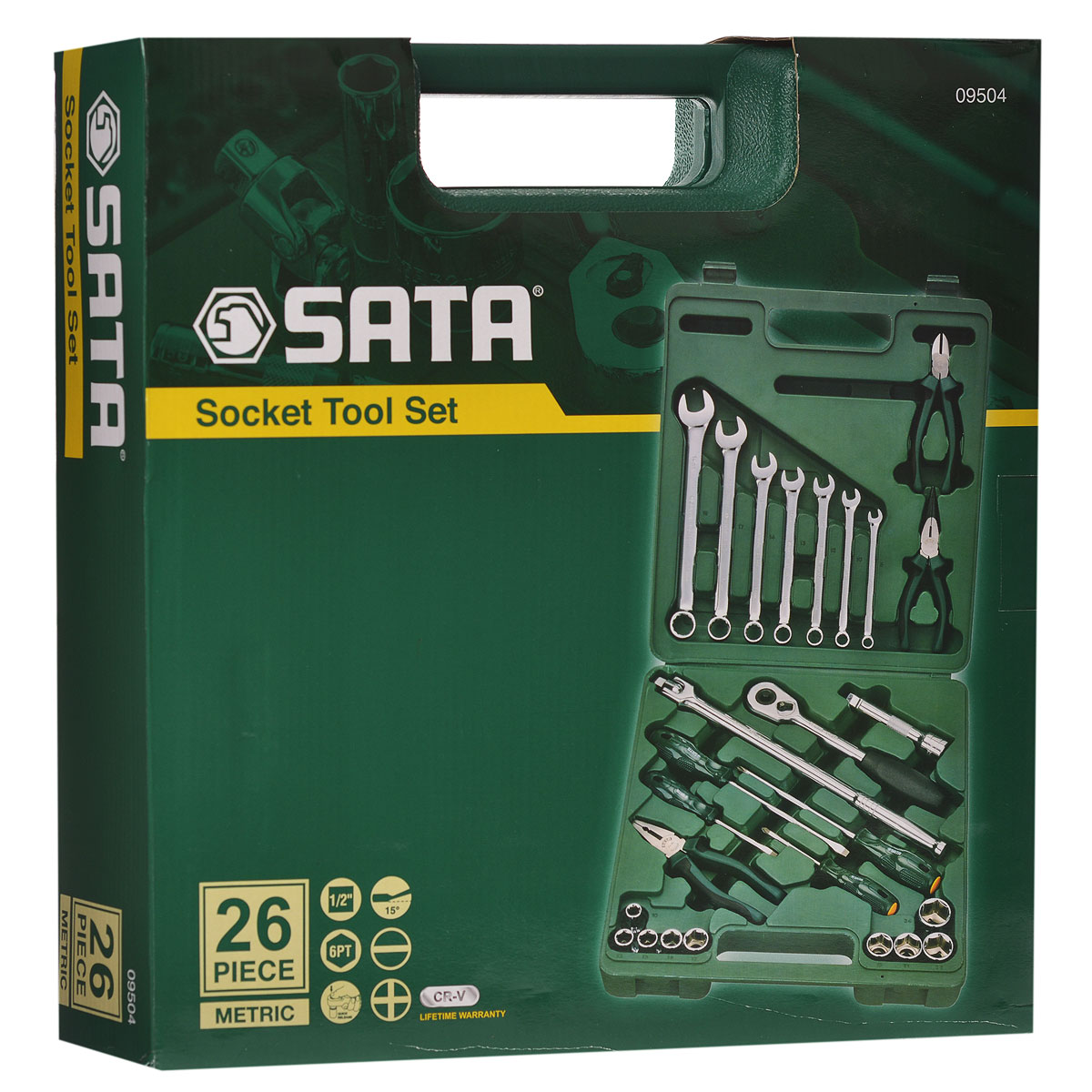 Набор инструментов SATA 26пр. 0950409504 Набор инструментов SATA 26пр. 0950409504Набор инструментов Sata - это необходимый предмет в каждом доме. Он включает в себя 26 предметов, которые умещаются в небольшом пластиковом кейсе. Такой набор будет идеальным подарком мужчине. Состав набора: Головки торцовые шестигранные 1/2: 10 мм, 12 мм, 13 мм, 14 мм, 17 мм, 19 мм, 21 мм, 22 мм, 24 мм. Ключи комбинированные: 8 мм, 10 мм, 12 мм, 14 мм, 16 мм, 17 мм, 19 мм. Ключ трещоточный 1/2. Удлинитель 1/2: 125 мм. Рычаг угловой 1/2: 260 мм. Отвертки Phillips: РН1 х 75 мм, РH2 х 150 мм. Отвертки шлицевые: 5 мм х 75 мм, 6 мм х 150 мм. Тонкогубцы: 150 мм. Бокорезы: 160 мм. Плоскогубцы: 180 мм.