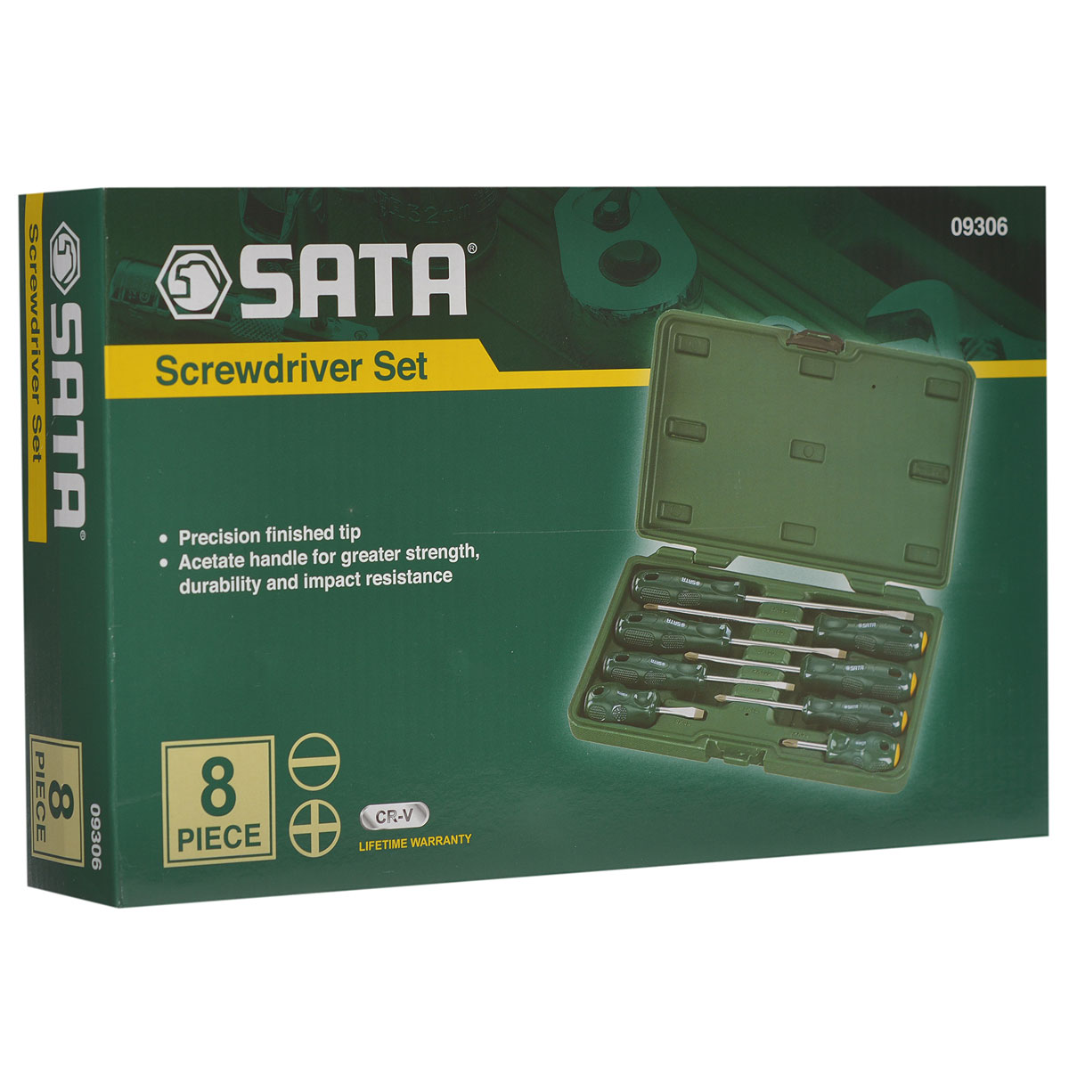 Набор отверток SATA 8пр. 0930609306 Набор отверток SATA 8пр. 0930609306Набор отверток Sata предназначен для монтажа/демонтажа резьбовых соединений. Все инструменты в наборе выполнены из высококачественной хромованадиевой стали. Отвертки оснащены рифлеными пластиковыми рукоятками, обеспечивающими надежный и удобный хват. В комплекте пластиковый кейс для переноски и хранения. Состав набора: Отвертки Philips: PH2 х 150 мм, PH2 х 100 мм, PH1 х 75 мм, PH2 х 38 мм. Отвертки шлицевые: 6 мм х 150 мм, 6 мм х 100 мм, 5 мм х 75 мм, 6 мм х 38 мм. Общая длина отверток: 2 х 25,5 см, 2 х 20 см, 2 х 16,5 см, 2 х 10 см.