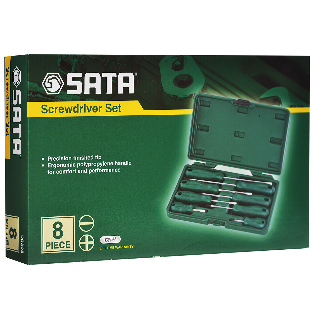 Набор отверток SATA 8пр. 0930809308 Набор отверток SATA 8пр. 0930809308Набор отверток Sata предназначен для монтажа/демонтажа резьбовых соединений. Все инструменты в наборе выполнены из высококачественной хромованадиевой стали. Отвертки оснащены рифлеными пластиковыми рукоятками, обеспечивающими надежный и удобный хват. В комплекте пластиковый кейс для переноски и хранения. Состав набора: Отвертки Philips: PH2 х 150 мм, PH2 х 100 мм, PH1 х 75 мм, PH2 х 38 мм. Отвертки шлицевые: 6 мм х 150 мм, 6 мм х 100 мм, 5 мм х 75 мм, 6 мм х 38 мм. Общая длина отверток: 2 х 26,5 см, 2 х 21,5 см, 2 х 18 см, 2 х 10 см.