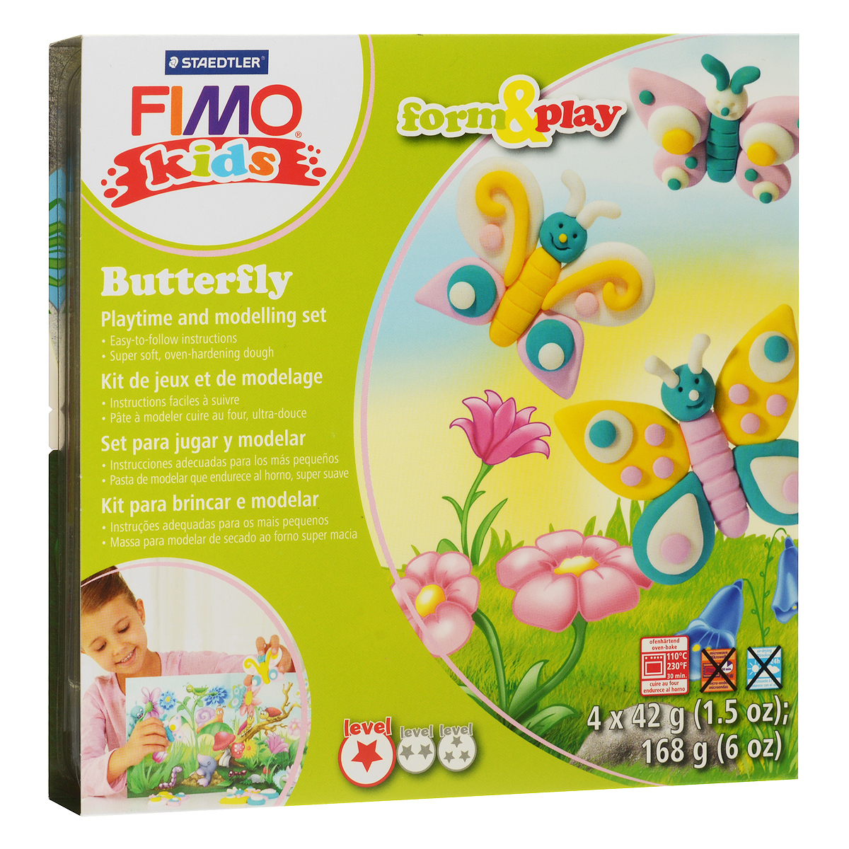 Набор для лепки Fimo Kids Бабочка8034 10 LZ Набор для лепки Fimo Kids Бабочка8034 10 LZНабор для лепки Fimo Kids Бабочка представляет собой сочетание моделирования и игры. Набор включает в себя: 4 блока массы для лепки по 42 г (желтый, нежно-розовый, бирюзовый, блестящий белый), стек для моделирования, игровая фоновая сцена. Входящая в набор полимерная глина разработана специально для детей, она мягкая, пластичная и ей легко придавать различные формы. Игровая фоновая сцена, изображенная на внутренней стороне упаковки, не только доставит дополнительное удовольствие от игры, но и вдохновит на новые идеи моделирования. При помощи этого набора ваш малыш сможет своими руками изготовить красивые фигурки бабочек. В домашних условиях готовая поделка выпекается в духовом шкафу при температуре 110°С в течении 15-30 минут (в зависимости от величины изделия). Отвердевшие изделия могут быть раскрашены акриловыми красками, покрыты лаком, склеены друг с другом или с другими материалами.