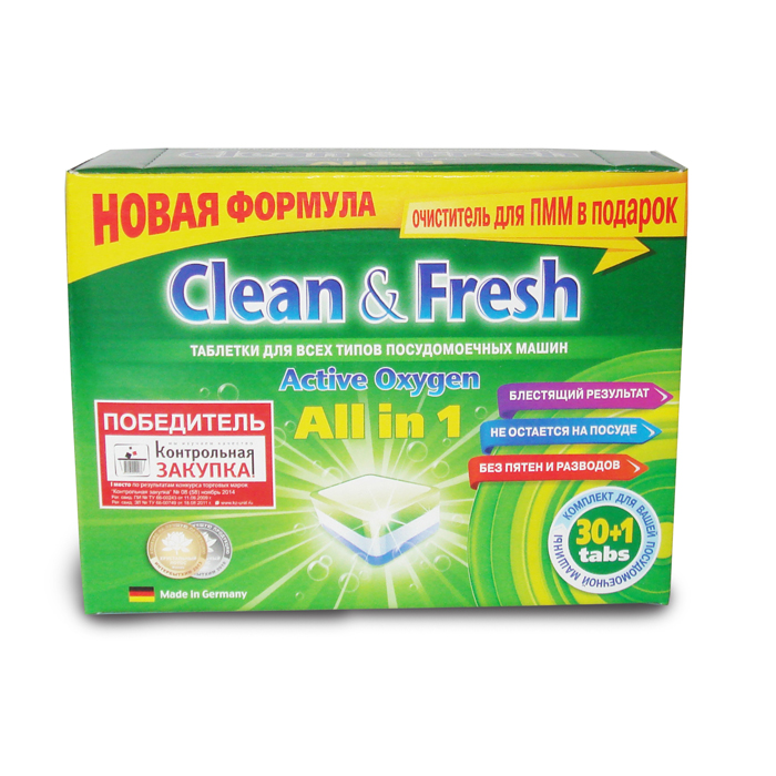 Таблетки для посудомоечных машин Clean & Fresh All in 1, с ароматом лимона, 30 шт16209 Таблетки для посудомоечных машин Clean & Fresh All in 1, с ароматом лимона, 30 шт16209Применение таблеток Clean & Fresh All in 1 облегчает использование посудомоечных машин. Дополнительные вещества, входящие в состав таблеток защищают машину от образования накипи на нагревательных элементах, способствуют лучшему результату при мытье посуды, существенно экономят ваше время. Удаляют даже самые сильные загрязнения. Таблетки Clean & Fresh All in 1 имеют четыре цветных слоя: зеленый - для лимонного запаха и защиты стекла от коррозии, синие микро-жемчужины - для блестящей посуды и сияющего стекла, белый - для защиты посудомоечной машины от образования накипи и наслоений извести, синий - сила очистки с активным кислородом. Достаточно поместить одну таблетку в дозатор посудомоечной машины и посуда приобретает идеальную чистоту и свежесть, без разводов и известковых пятен. Вес одной таблетки: 20 г. Количество таблеток в упаковке: 30 шт. Состав таблеток: триполифосфат натрия - более 30%; карбонат натрия,...