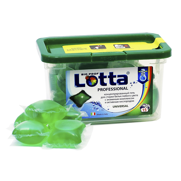 Гель для стирки Lotta Universal, концентрированный, в капсулах, 15 шт16221 Гель для стирки Lotta Universal, концентрированный, в капсулах, 15 шт16221Концентрированный гель Lotta Universal в капсулах - новое инновационное средство для идеальной стирки любого белья в автоматизированных стиральных машинах. Энзимный комплекс и активный кислород, входящие в состав геля, эффективно удаляют любые загрязнения, при этом сохраняют цвет белья. Отличный результат даже при температуре 30°С. В комплект входит 15 капсул. Состав: анионные и неионные ПАВ 15%-30%, мыло >5%, фосфонаты, оптический отбеливатель, энзимный комплекс, активный кислород. Товар сертифицирован.