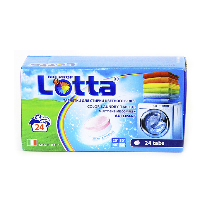 Таблетки для стирки цветного белья Lotta, 24 шт16315 Таблетки для стирки цветного белья Lotta, 24 шт16315Концентрированное средство в таблетках Lotta предназначено для стирки цветных тканей в автоматических стиральных машинах. Таблетки содержат средство предотвращающее образование накипи. Одна таблетка содержит точное количество средства для стирки. Содержат добавки для улучшения глажения белья. Не вызывают аллергии. Перед использованием снимите защитную плёнку и положите таблетку в кювету стиральной машины. При необходимости увеличьте количество средства (смотрите таблицу на упаковке). Не предназначено для стирки деликатных тканей (шелка и шерсти). Количество таблеток: 24 шт. Состав: кислородосодержащий пятновыводитель более 15%, но менее 30%; фосфаты более 5%, но менее 15%; неионогенные ПАВ, анионные ПАВ, мыло, цеолиты, фосфонаты менее 5%; энзимы (Амилаза, Протеаза, Липаза), отдушка, краситель менее 1%. Товар сертифицирован.