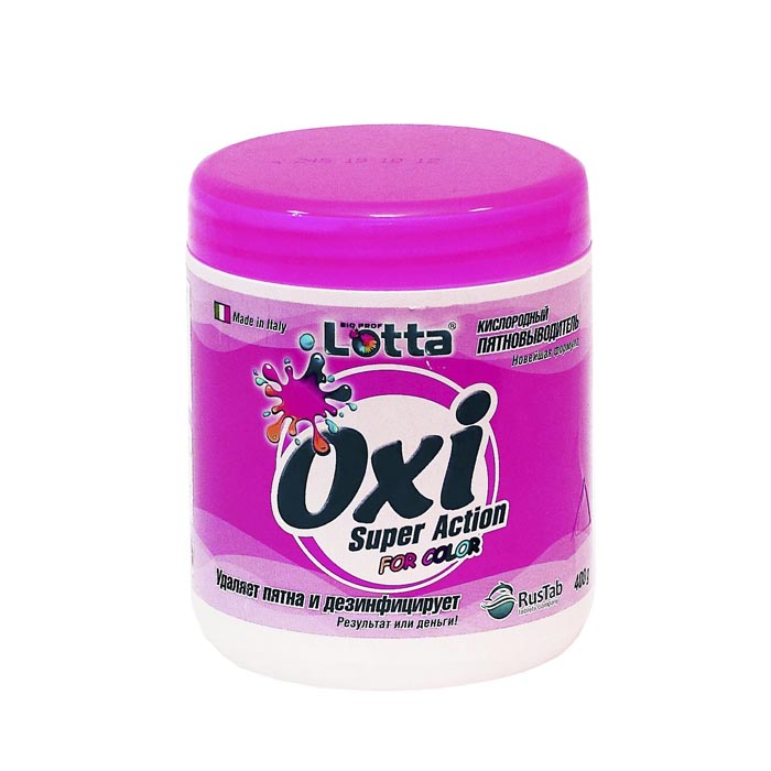 Пятновыводитель для цветного белья Lotta Oxi, кислородный, 400 г16318 Пятновыводитель для цветного белья Lotta Oxi, кислородный, 400 г16318Кислородный пятновыводитель Lotta Oxi предназначен для цветного белья. Он превосходно удаляет загрязнения даже в холодной воде, благодаря содержанию молекул активного кислорода. Новая формула Super Action удаляет пятна от кофе, чая, жира, вина, уличной грязи, травы, ягод, сока, крови и т.п. Пятновыводитель можно использовать как для ручной стирки, так и для стирки в автоматизированных стиральных машинах. Обладает антибактериальным и дезодорирующим эффектом. Защищает вещи от выцветания. Не содержит хлора. Не использовать для шерсти, шелка, кожи и тонких тканей. Вес: 400 г. Состав: 40% кислородосодержащий пятновыводитель, неионогенные и анионные ПАВ около 5%, ферменты, энзимы, цеолиты, ароматизатор. Товар сертифицирован.