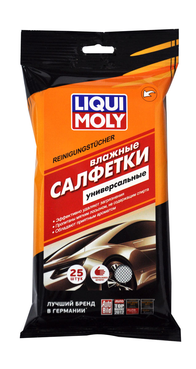 Влажные салфетки Liqui Moly, универсальные, 25 шт77165 Влажные салфетки Liqui Moly, универсальные, 25 шт77165Универсальные влажные салфетки Liqui Moly изготовлены из высокоплотного материала. Позволяют очистить любые поверхности как внутри автомобиля, так и снаружи, в том числе фары и детали наружной отделки. Эффективно удаляют различные загрязнения, поглощают неприятные запахи, обладают легким ароматом. Не оставляют разводов и ворса. Пропитаны мягким лосьоном, не содержат спирта. Благодаря комфортной компактной упаковке салфетки удобно хранить в автомобиле. Можно использовать в быту. Состав: нетканый материал, пропитывающий лосьон. Состав пропитывающего лосьона: деминерализованная вода, менее 5% смесь этоксилированных карбоновых кислот, глицерат-17-кокат, лаурет-11, карбоксилат натрия, Трилон Б, консервант, отдушка. Товар сертифицирован.