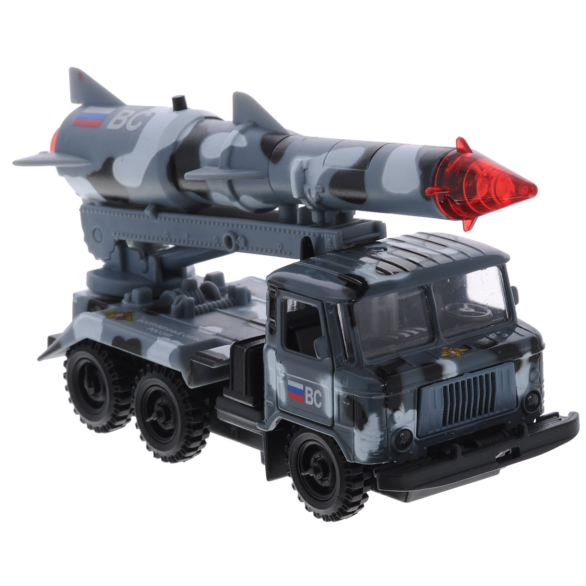 ТехноПарк Машинка инерционная ГАЗ 66 с ракетой цвет серый камуфляжCT-1299-R-4 ТехноПарк Машинка инерционная ГАЗ 66 с ракетой цвет серый камуфляжCT-1299-R-4Инерционная машинка ТехноПарк Газ 66 с ракетой Космос, выполненная из пластика и металла, станет любимой игрушкой вашего малыша. Игрушка представляет собой модель военного автомобиля Газ 66, оснащенного подвижной пусковой установкой с ракетой. Дверцы и капот машинки открываются. При нажатии кнопки на ракете боеголовка начинает мигать, при этом слышны звуки стрельбы и команды военных. Игрушка оснащена инерционным ходом. Машинку необходимо отвести назад, затем отпустить - и она быстро поедет вперед. Прорезиненные колеса обеспечивают надежное сцепление с любой гладкой поверхностью. Ваш ребенок будет часами играть с этой машинкой, придумывая различные истории. Порадуйте его таким замечательным подарком! Машинка работает от батареек (товар комплектуется демонстрационными).