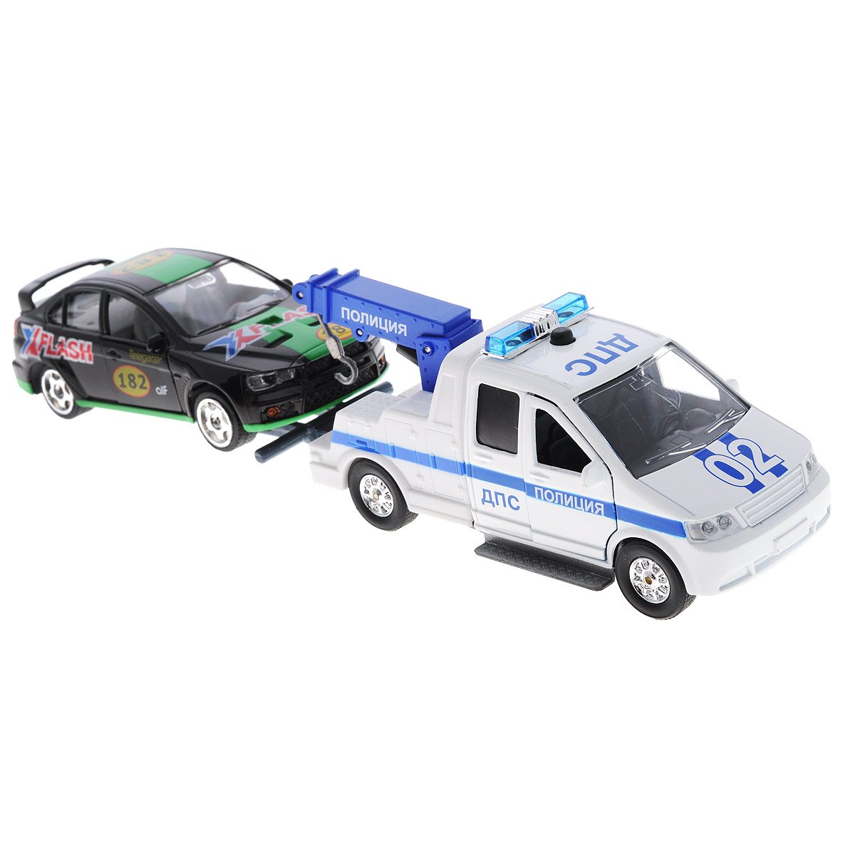 Игровой набор ТехноПарк Эвакуатор ДПСCT1241W Игровой набор ТехноПарк Эвакуатор ДПСCT1241WИгровой набор ТехноПарк Эвакуатор ДПС непременно станет любимой игрушкой вашего малыша. В набор входит эвакуатор ДПС и дополнительная гоночная машинка. Игрушки изготовлены из металла и высококачественного пластика. Дверцы кабины эвакуатора и машинки открываются, крюк эвакуатора поворачивается и сгибается. При нажатии на кнопку на крыше эвакуатора замигает проблесковый маячок, раздастся звук сирены и команды полицейского. Обе машинки оснащены инерционным ходом. Игрушку необходимо отвести назад, затем отпустить - и она быстро поедет вперед. Прорезиненные колеса обеспечивают надежное сцепление с любой гладкой поверхностью. Ваш ребенок будет часами играть с этим набором, придумывая различные истории. Порадуйте его таким замечательным подарком! Машинка работает от батареек (товар комплектуется демонстрационными).