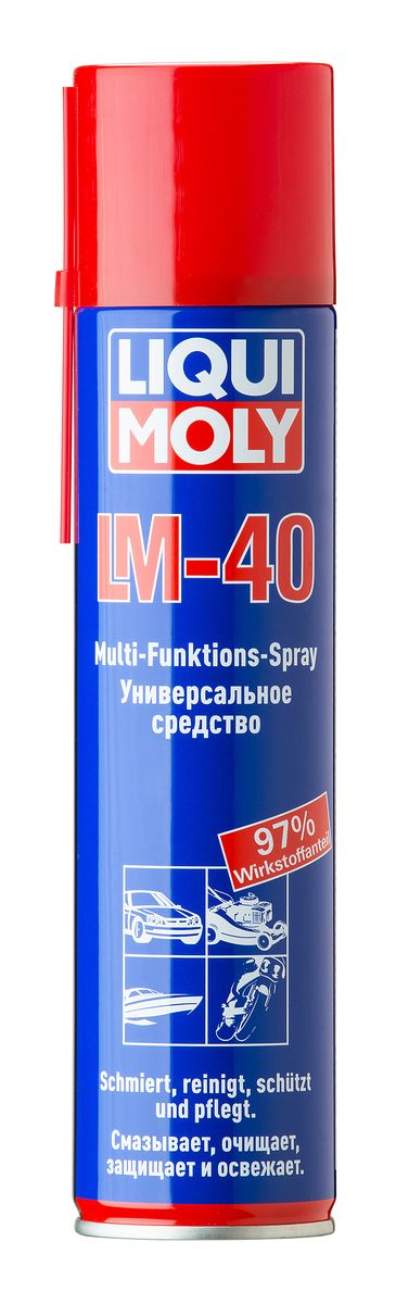 Средство универсальное Liqui Moly LM 40 Multi-Funktions-Spray, 400 мл8049 Средство универсальное Liqui Moly LM 40 Multi-Funktions-Spray, 400 мл8049Универсальное средство Liqui Moly LM 40 Multi-Funktions-Spray - химический препарат для применения в мастерской, дома, для хобби и промышленности. Защищает от ржавчины и коррозии и обеспечивает уход за хромированными поверхностями. Благодаря отличным проникающим свойствам, смазывает даже труднодоступные детали. Проникает сквозь грязь и ржавчину. Помогает отвернуть заржавевшие болты и гайки, помогает удалять наклейки. Растворяет грязь, масляные и жирные пятна, смолу и клей. Улучшает электропроводимость, предотвращает утечки тока. Обеспечивает надежную смазку трущихся поверхностей. Состав: бензол, С9-13-алкил производные, дистиляционный остаток, сульфонаты, соли кальция, лигроин, базовое масло, гликоль, ингибитор коррозии, ароматизатор, пропелент: двуокись углерода, ноу-хау компании. Товар сертифицирован.