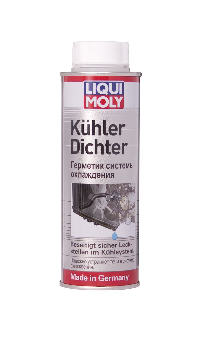 Герметик системы охлаждения Liqui Moly, 250 мл1997 Герметик системы охлаждения Liqui Moly, 250 мл1997Герметик системы охлаждения Liqui Moly обеспечивает заделку всех, даже мельчайших, повреждений радиатора охлаждения двигателя и отопителя салона, предотвращает дорогие ремонтные работы. Не забивает трубки и каналы системы охлаждения. Совместим с любыми антифризами. Не имеет негативных побочных влияний на водяной насос и контур обогрева. Пригоден для алюминиевых радиаторов. Состав: вода, моноэтиленгликоль, частички пластика, герметик-полимер, ингибиторы коррозии, присадки. Товар сертифицирован.