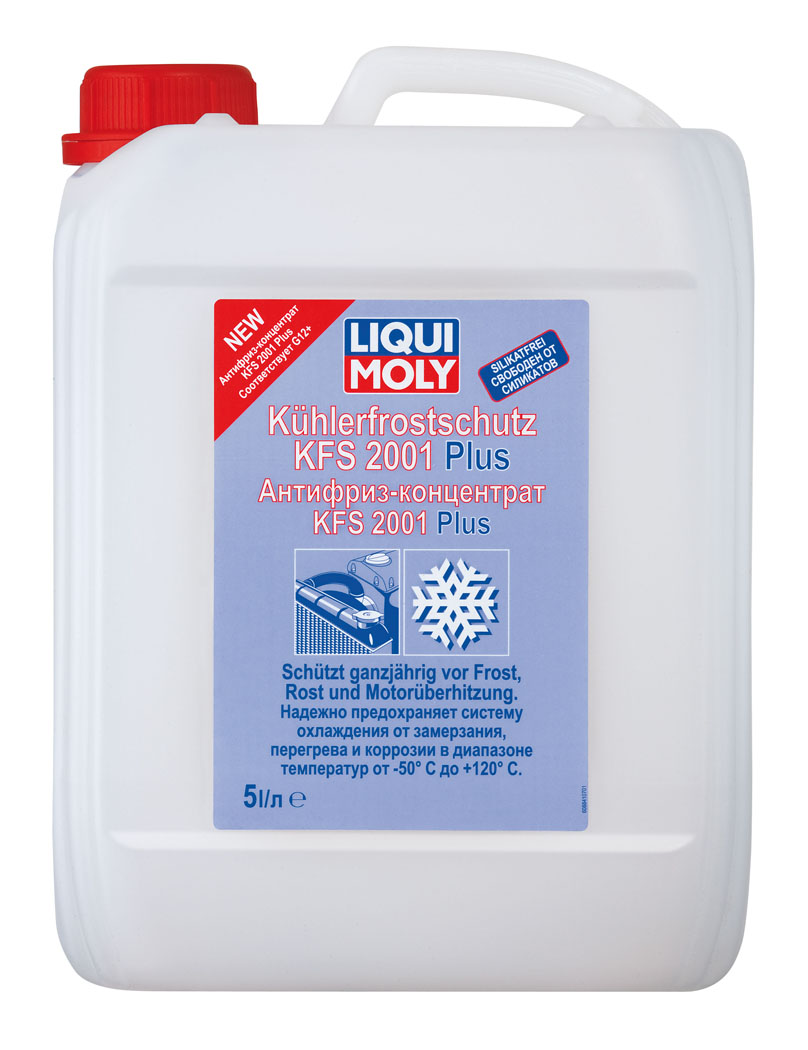 Антифриз-концентрат Liqui Moly KFS 2001 Plus, 5 л8841 Антифриз-концентрат Liqui Moly KFS 2001 Plus, 5 л8841Антифриз-концентрат Liqui Moly KFS 2001 Plus - высококачественный концентрат антифриза для систем охлаждения современных двигателей, особенно с алюминиевыми деталями. - Не содержит аминов, нитритов, фосфатов и силикатов. - Обеспечивает непревзойденную защиту от коррозии, обладает отличными моющими и смазывающими свойствами. - Предназначен для максимальных интервалов замены. Интервалы замены предписываются производителем автомобиля. - Обеспечивает максимально широкие температурные интервалы применения, в зависимости от степени разведения (см. таблицу на банке). - Окрашен в красный цвет. - Смешивается и совместим со стандартными антифризами G12, (окрашенными, как правило, в красный цвет), а также со стандартными антифризами G11 (содержащими силикаты и соответствующие допуску VW TL 774-С, окрашенными, как правило, в синий цвет), как например, Ликви Моли Антифриз KFS 2000. Состав: моноэтиленгликоль, ингибитор коррозии, вода,...