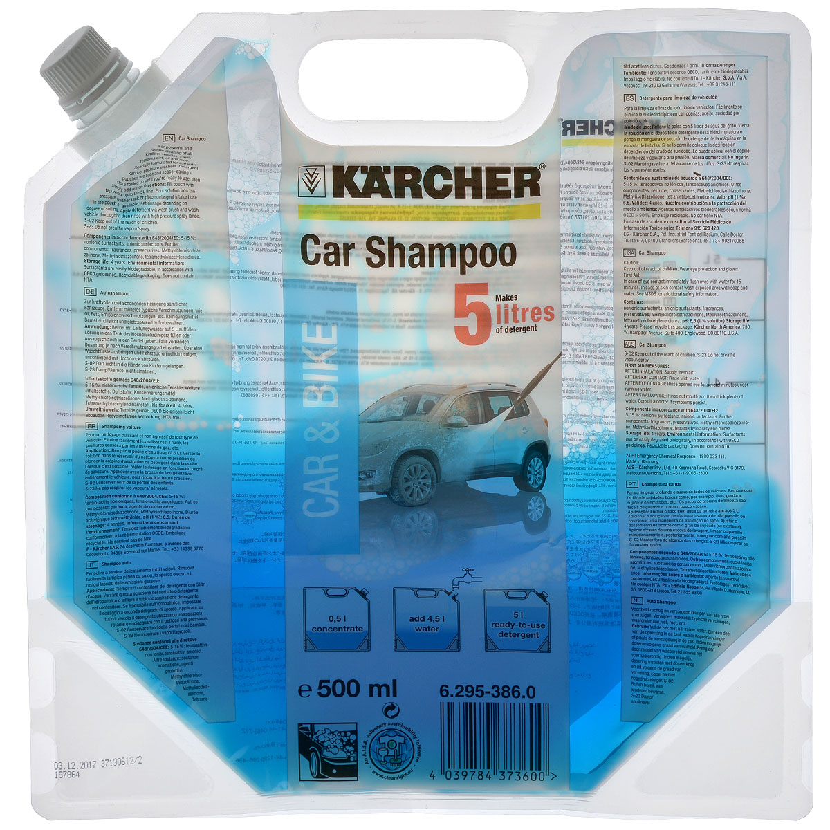 Автошампунь концентрированный Karcher 500мл 6.295-386.06.295-386.0 Автошампунь концентрированный Karcher 500мл 6.295-386.06.295-386.0Мягкий пенистый шампунь Karcher бережно и тщательно очищает любые автомобили. Легко устраняет все типичные загрязнения - масла, смазки, атмосферные загрязнения и т.д. Состав: 5-15% неионные тензиды, анионные тензиды, ароматизаторы, консервант, метилхлоризотиазолинон, метилизотиазолинон, тетраметилол-ацетилендиуриа.