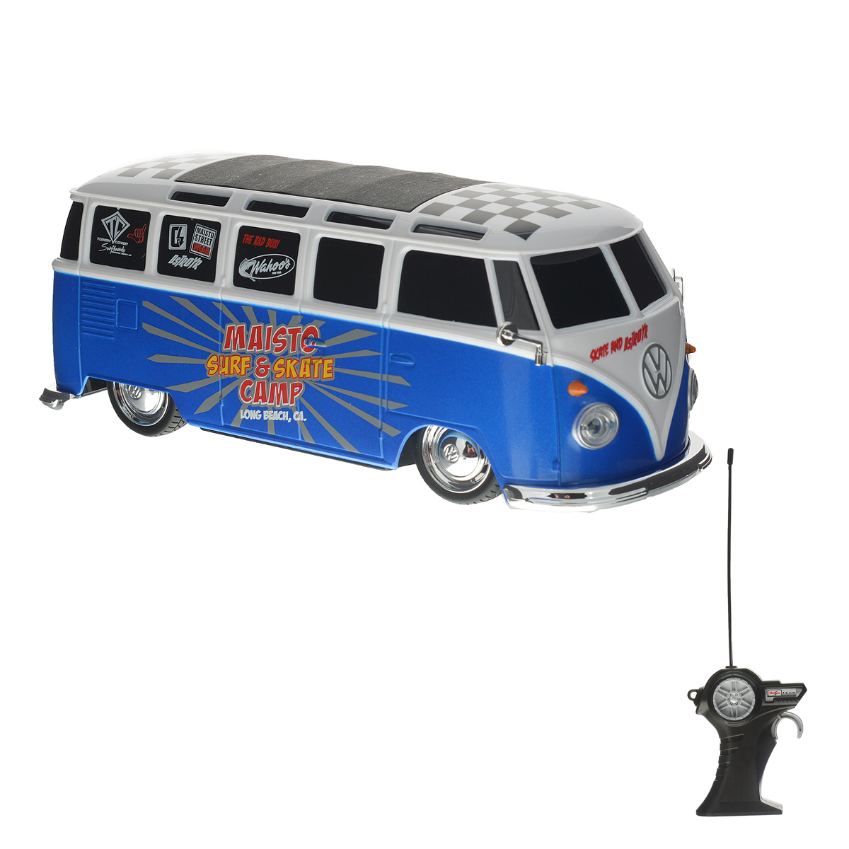 Maisto Радиоуправляемая модель Volkswagen Van Samba цвет синий белый черный81144 Maisto Радиоуправляемая модель Volkswagen Van Samba цвет синий белый черный81144Радиоуправляемая модель Maisto Volkswagen Van Samba обязательно привлечет внимание взрослого и ребенка, и несомненно понравится любому, кто увлекается автомобилями. Эта машина - точная копия микроавтобуса Volkswagen Van Samba в масштабе 1:24. Машинка изготовлена из высококачественного пластика, шины выполнены из мягкой резины. Машинка может перемещаться вперед, дает задний ход, поворачивает влево и вправо, останавливается. Ваш ребенок часами будет играть с моделью, придумывая различные истории и устраивая соревнования. Порадуйте его таким замечательным подарком! Для работы машинки требуются 2 батареи типа АА напряжением 1,5V (не входят в комплект). Для работы пульта управления требуются 2 батареи напряжением 1,5V типа ААА (не входят в комплект). Радиус действия пульта - 10 м. Частота: 27 МГц.