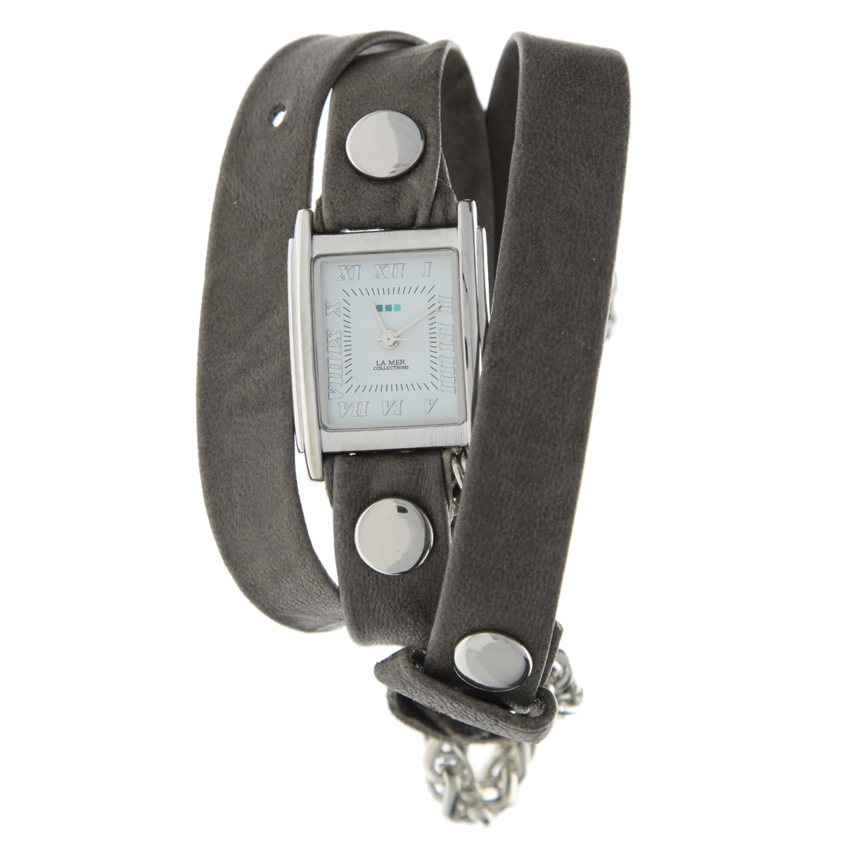 Часы наручные женские La Mer Collections Chain Motor Silver Grey. LMCW4014xLMCW4014x Часы наручные женские La Mer Collections Chain Motor Silver Grey. LMCW4014xLMCW4014xРемешок выполнен из натуральной итальянской кожи и декорирован металлическими заклепками разных размеров. Корпус часов изготовлен из сплава металлов, серебристого цвета. Циферблат оснащен часовой, минутной и секундной стрелками и защищен минеральным стеклом, оформлен римскими цифрами и отметками. Часы дополнительно украшены объемной цепочкой из серебристого металла длиной 23 см. Часы застегиваются на классическую застежку. Часы хранятся на специальной подушечке в футляре из искусственной кожи, крышка которого оформлена логотипом компании La Mer Collection. Характеристики: Размер циферблата: 25 х 22 х 8 мм. Размер ремешка: 550 х 13 мм. Не содержат никель. Не водостойкие. Собираются вручную в США.