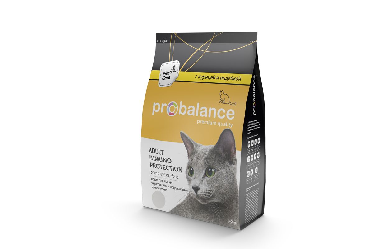 Корм сухой для кошек ProBalance Immuno, с курицей и индейкой, 400 г6523 Корм сухой для кошек ProBalance Immuno, с курицей и индейкой, 400 г6523Сухой корм ProBalance Immuno предназначен для ежедневного кормления взрослых кошек всех пород. Лизин, содержащийся в гранулах, способствует укреплению иммунитета. Специально подобранный пребиотик поддерживает здоровую микрофлору кишечника. В состав корма входит фито-коктейль Fitocare - запатентованная композиция из целебных трав, которая обладает общеукрепляющим и тонизирующим свойством, стимулирует иммунитет и способствует долголетию кошки. Корма ProBalance - премиальные корма для животных, обеспечивающие полноценное сбалансированное питание с учетом возраста и индивидуальных особенностей вашего питомца. Все формулы кормов содержат таурин - незаменимую аминокислоту для организма кошек. Высокие потребности в белке обеспечиваются за счет качественного и разнообразного ингредиентного состава. Корма ProBalance - это баланс вкуса и пользы. Не содержат пшеницы, кукурузы, сои и глютена, что помогает избежать нарушений пищеварения. Состав:...