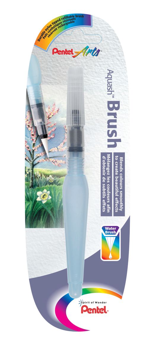 Кисть с резервуаром Pentel Aquash Brush, средняяXFRH/1-M Кисть с резервуаром Pentel Aquash Brush, средняяXFRH/1-MКисть Pentel Aquash Brush - это средняя кисть для рисования на бумаге, картоне, холсте в технике акварели с резервуаром для воды и тонким наконечником из синтетического ворса. Этот уникальный инструмент для рисования объединяет в себе и кисть, и емкость для воды! Все, что нужно для начала работ, - это налить воды в резервуар. При нажатии на мягкий корпус вода поступает к кисти. Стряхиванием с кисти капелек воды можно создать интересный эффект на картине. Такой кистью краски легко смешиваются и эффект размытости получается чистым и прозрачным. Длина кисти: 15,5 см.