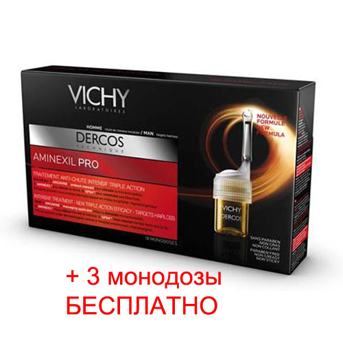Vichy Интенсивное средство против выпадения волос для мужчин Dercos Aminexil Pro, 18 ампул по цене 15 ампулM3795700 Vichy Интенсивное средство против выпадения волос для мужчин Dercos Aminexil Pro, 18 ампул по цене 15 ампулM3795700В основе средства 3 компонента, выполняющие определенные функции: Аминексил укрепляет корни волос, SP94 трансформируется в липиды и углеводы, необходимые для роста волос, Аргинин стимулирует микроциркуляцию, обеспечивая волосы необходимыми питательными элементами. Аппликатор - массажер позволяет равномерно и экономично распределять средство по коже головы, одновременно массируя её, улучшая проникновение активных компонентов в волосяной фолликул. Также средство представлено и для женщин Новый аппликатор - массажер позволяет равномерно и экономично распределять средство по коже головы, одновременно массируя её, улучшая проникновение активных компонентов в волосяной фолликул. В результате применения выпадение волос замедляется, волосы более сильные, объем волос увеличивается, волосы менее ломкие и более густые.