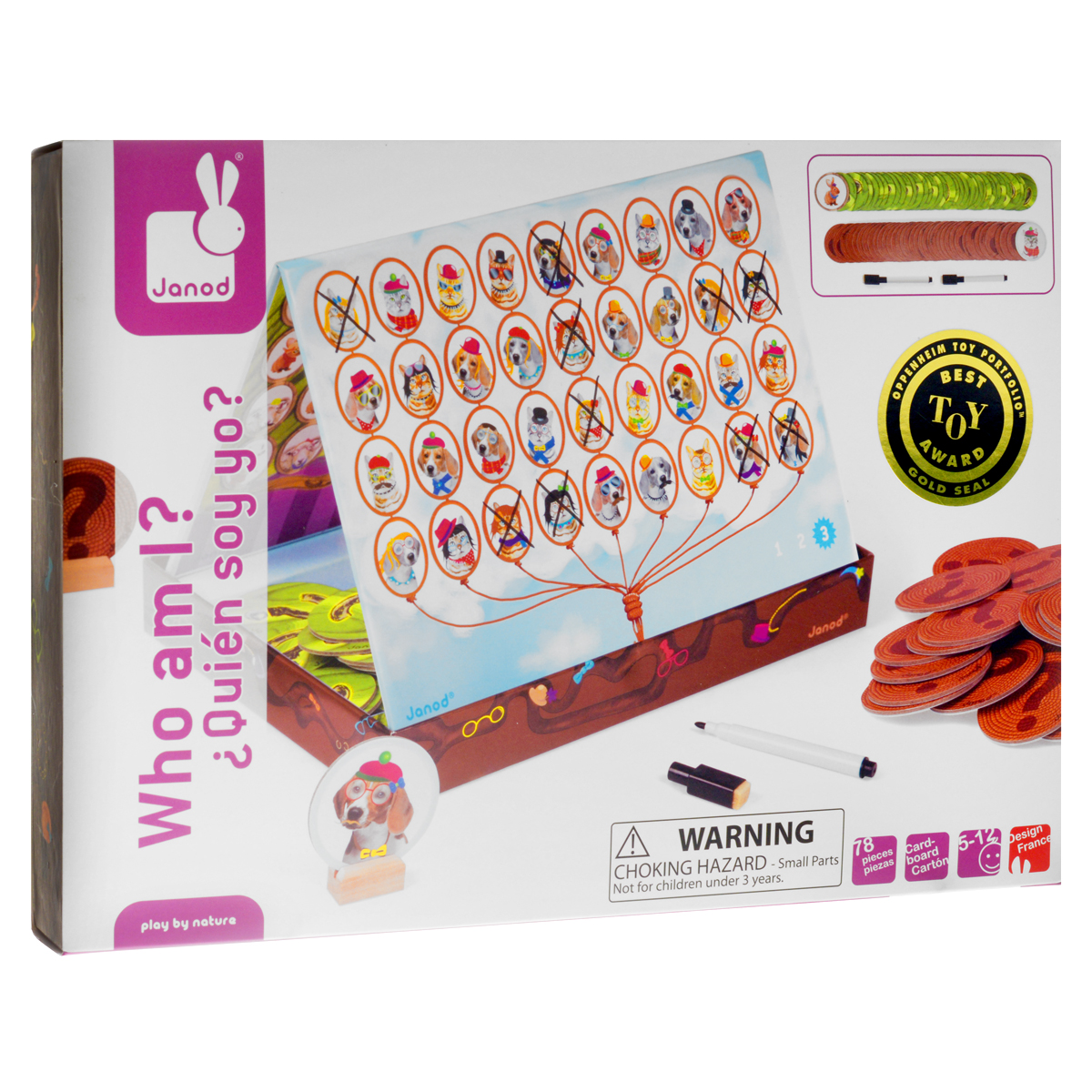 Настольная игра Janod Угадай, кто я?J02842 Настольная игра Janod Угадай, кто я?J02842Настольная игра Janod Угадай, кто я? понравится вашему ребенку и позволит ему развить логику и смекалку. Предусматривает два уровня сложности. Комплект включает: двухстороннее игровое поле с разными изображениями животных (кошек и собак на одной стороне, лошадок, кроликов и овечек на другой), 72 фишки, 2 деревянные подставки под фишки и 2 фломастера со стирающим элементом на колпачке. Оппоненту необходимо с помощью наводящих вопросов отгадать, какое животное выпало у соперника. Например: Это собака? Ответ: ДА! Задающий вопрос вычеркивает на игровом поле всех кошек, оставляя только собак.