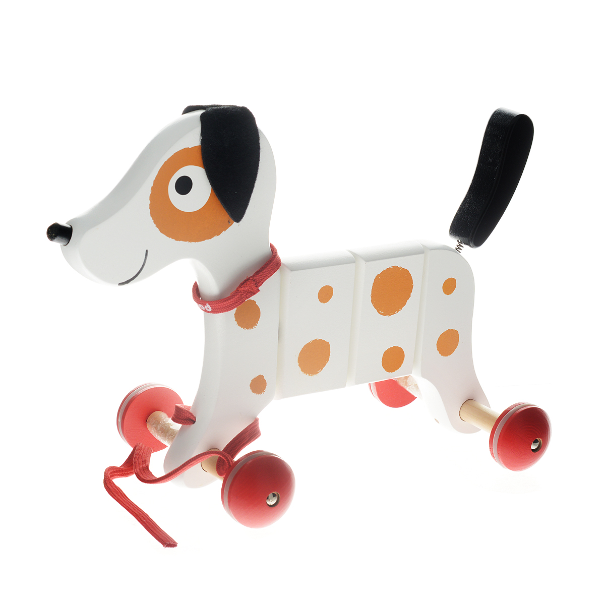 Деревянная игрушка-каталка Janod Мой верный другJ08081 Деревянная игрушка-каталка Janod Мой верный другJ08081Деревянная игрушка-каталка Janod Мой верный друг непременно понравится вашему малышу и подойдет для игры как дома, так и на свежем воздухе. Она выполнена из дерева с использованием нетоксичных красок в виде забавной собачки с мягкими текстильными ушками и хвостиком на металлической пружинке. Туловище собачки подвижно. Края игрушки закруглены, чтобы избежать вероятности травмирования. Каталка оснащена четырьмя колесиками с резиновыми вставками, дающими игрушке дополнительную устойчивость. За текстильный шнурок малыш сможет возить собачку за собой. Игрушка-каталка Janod Мой верный друг развивает пространственное мышление, цветовое восприятие, ловкость, равновесие и координацию движений.