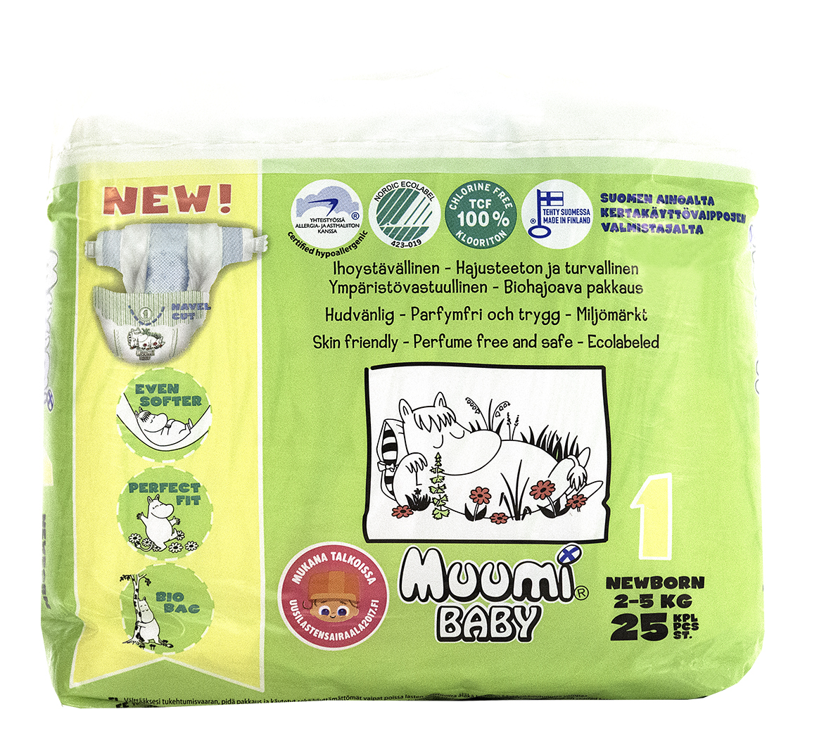 Muumi Подгузники Бейби Ньюборн 1, 2-5 кг, 25 шт58705 Muumi Подгузники Бейби Ньюборн 1, 2-5 кг, 25 шт58705Подгузники Muumi - это 100% биоразлагающиеся одноразовые гипоаллергенные подгузники, обладающие хорошей впитываемостью. Подгузники без ароматизации, очищены кислородом, без хлора. Не содержат оптических осветлителей, латекса, формальдегида и фталатов. Впитывающий слой состоит из полностью биоразлагающейся, бесхлорной финской целлюлозы. Дерматологически тестированы.