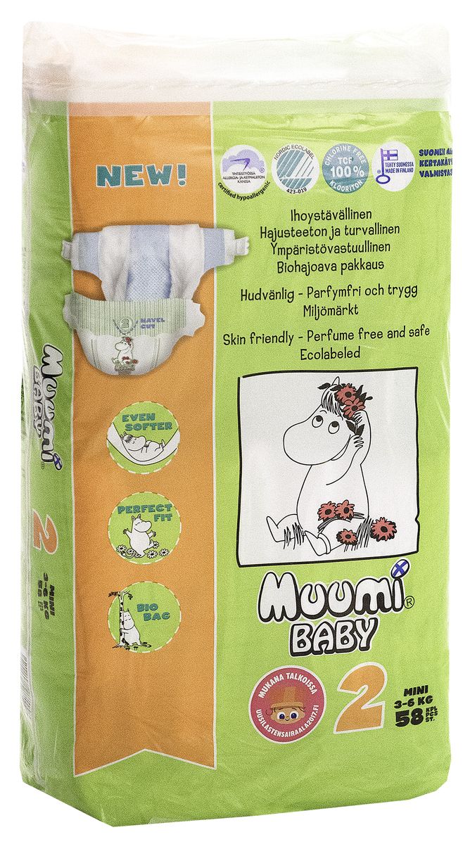 Muumi Подгузники Бейби Ньюборн 2, 3-6 кг, 58 шт58715 Muumi Подгузники Бейби Ньюборн 2, 3-6 кг, 58 шт58715Подгузники Muumi - это 100% биоразлагающиеся одноразовые гипоаллергенные подгузники, обладающие хорошей впитываемостью. Подгузники без ароматизации, очищены кислородом, без хлора. Не содержат оптических осветлителей, латекса, формальдегида и фталатов. Впитывающий слой состоит из полностью биоразлагающейся, бесхлорной финской целлюлозы. Дераматологически тестированы.