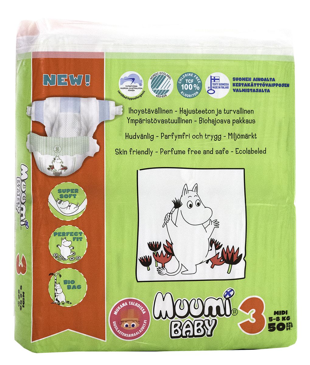 Muumi Подгузники Бейби Миди 3, 5-8 кг, 50 шт58725 Muumi Подгузники Бейби Миди 3, 5-8 кг, 50 шт58725Подгузники Muumi - это 100% биоразлагающиеся одноразовые гипоаллергенные подгузники, обладающие хорошей впитываемостью. Подгузники без ароматизации, очищены кислородом, без хлора. Не содержат оптических осветлителей, латекса, формальдегида и фталатов. Впитывающий слой состоит из полностью биоразлагающейся, бесхлорной финской целлюлозы. Дерматологически тестированы.
