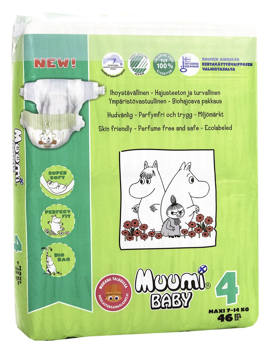 Muumi Подгузники Бейби Макси 4, 7-14 кг, 46 шт58735 Muumi Подгузники Бейби Макси 4, 7-14 кг, 46 шт58735Подгузники Muumi - это 100% биоразлагающиеся одноразовые гипоаллергенные подгузники, обладающие хорошей впитываемостью. Подгузники без ароматизации, очищены кислородом, без хлора. Не содержат оптических осветлителей, латекса, формальдегида и фталатов. Впитывающий слой состоит из полностью биоразлагающейся, бесхлорной финской целлюлозы. Дерматологически тестированы.