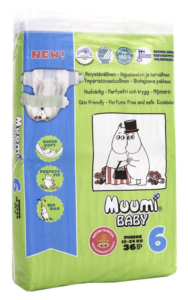 Muumi Подгузники Бейби Юниор 6, 12-24 кг, 36 шт58755 Muumi Подгузники Бейби Юниор 6, 12-24 кг, 36 шт58755Подгузники Muumi - это 100% биоразлагающиеся одноразовые гипоаллергенные подгузники, обладающие хорошей впитываемостью. Подгузники без ароматизации, очищены кислородом, без хлора. Не содержат оптических осветлителей, латекса, формальдегида и фталатов. Впитывающий слой состоит из полностью биоразлагающейся, бесхлорной финской целлюлозы. Дераматологически тестированы.