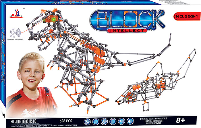 Intellect Block Конструктор Динозавр253-1 Intellect Block Конструктор Динозавр253-1Конструктор Intellect Block позволит вашему ребенку весело и с пользой провести время. Набор включает в себя 626 пластиковых элементов, с помощью которых можно собрать множество подвижных конструкций. Ребенок может воспользоваться примерами из буклета или проявить фантазию, создав собственный шедевр. Некоторые элементы конструктора оснащены детектором движения, другие при нажатии на кнопку светятся зеленым светом, что добавляет той или иной модели реалистичности. Особые моторчики способны оживить некоторые конструкции. Также в набор входит схематичная инструкция по сборке моделей. Конструктор Intellect Block поможет ребенку развить мелкую моторику рук, координацию движений и усидчивость. Характеристики: Материал: пластик, текстиль. Размер упаковки (ДхШхВ): 60 см x 38 см x 7 см. Необходимо докупить 4 батареи типа АА напряжением 1,5V (не входят в комплект).