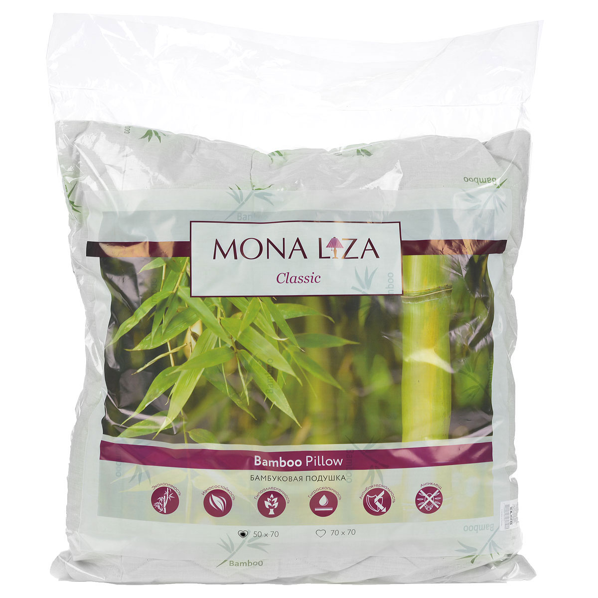 Подушка Mona Liza, цвет: белый, 50 х 70 см. 539414539414 Подушка Mona Liza, цвет: белый, 50 х 70 см. 539414539414Подушка Mona Liza подарит вам незабываемое чувство комфорта и умиротворения. Чехол выполнен из поликоттона, украшен изображением стеблей бамбука, фигурной стежкой и кантом по краю. В качестве наполнителя используется бамбуковое волокно, которое обладает удивительным балансом различных свойств и удовлетворяет требования даже самого изысканного покупателя. Такой наполнитель сохраняет ценные свойства растения и одновременно обеспечивает легкость изделия, мягкость и долговечность. Высокосиликонизированное волокно Royalton придает изделию упругость, быстро восстанавливает форму после смятия, имеет высокую стойкость к ее сохранению с течением времени. Свойства подушки с бамбуком: - Наполнитель обладает природным свойством антибактериальности, как в природе, так и в быту это волокно не повреждается грибками, плесенью и вредителями; это свойство сохраняется при многократных стирках. - Прочность и мягкость: плотность бамбукового волокна в 2...