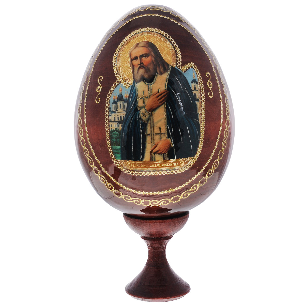 Яйцо декоративное Sima-land Серафим Саровский, на подставке, высота 14,5 см691116 Яйцо декоративное Sima-land Серафим Саровский, на подставке, высота 14,5 см691116Декоративное яйцо Sima-land Серафим Саровский изготовлено из дерева с лаковым покрытием. Яйцо оформлено изображением Серафима Саровского и золотыми узорами. Изделие располагается на деревянной подставке. Декоративное яйцо Sima-land Серафим Саровский принесет в ваш дом ощущение торжества, душевного уюта и станет идеальным подарком на Пасху. Диаметр яйца: 7,5 см. Высота яйца: 10 см. Размер подставки: 3,2 см х 3,2 см х 4 см.