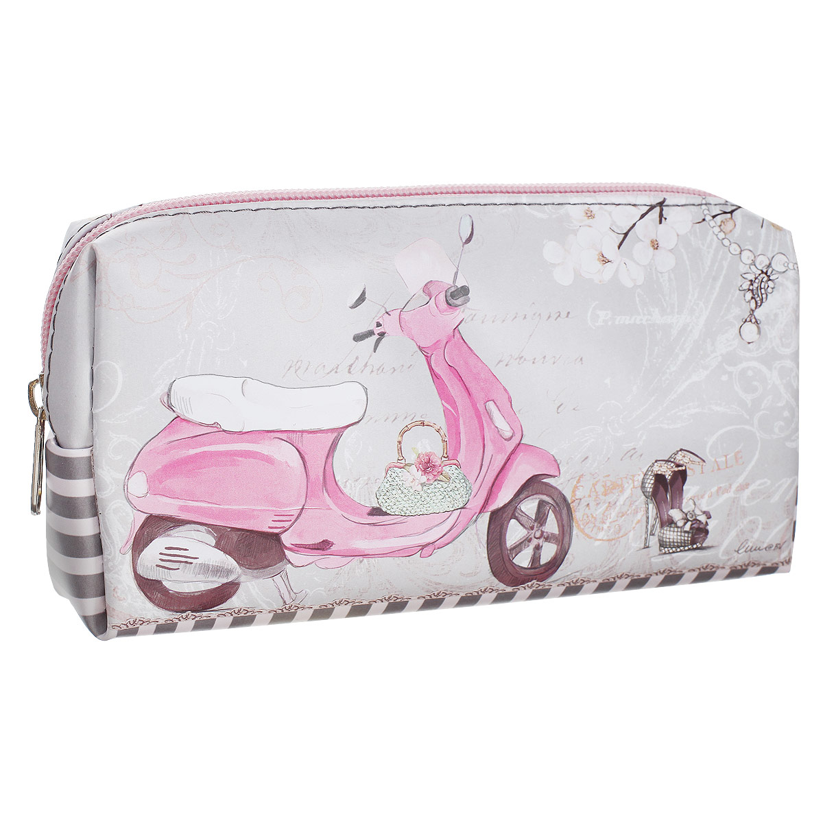 Косметичка Мопед. 37683/1237683 Косметичка Мопед. 37683/1237683Стильная косметичка Мопед выполнена из нейлона с изображением забавного розового мопеда. Косметичка на подкладке, закрывается на молнию, объемная, мягкая, внутри одно большое отделение. Объемное дно и удобная застежка делают аксессуар универсальным в повседневном использовании. Можно использовать как пенал или дорожную аптечку. В этой очаровательной косметичке может храниться целый мир удивительных и ярких вещей. Она отлично подойдет для хранения косметических средств, либо станет замечательным подарком человеку, ценящему качественные и практичные вещи.