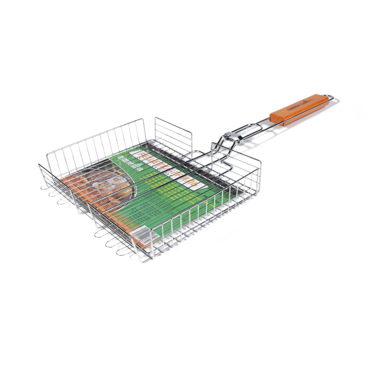 Решетка-гриль Green Glade, объемная, 41 см х 31 см7003 Решетка-гриль Green Glade, объемная, 41 см х 31 см7003Двойная объемная решетка-гриль Green Glade изготовлена из высококачественной хромированной стали с пищевым никелированным покрытием. Это идеальное приспособление для приготовления барбекю как на мангале, так и на гриле. На решетке удобно размещать стейки, ребрышки, сосиски и т.д. Изменяющаяся толщина зажима позволяет готовить продукты любой толщины: от тонкого куска мяса до курицы. Предназначена для приготовления пищи на углях. Блюда получаются сочными, ароматными, с аппетитной специфической корочкой. Рукоятка изделия оснащена деревянной вставкой и фиксирующей скобой, которая зажимает створки решетки. Размер рабочей поверхности решетки: 41 см х 31 см. Общая длина решетки (с ручкой): 67 см. Высота стенки решетки: 6 см.