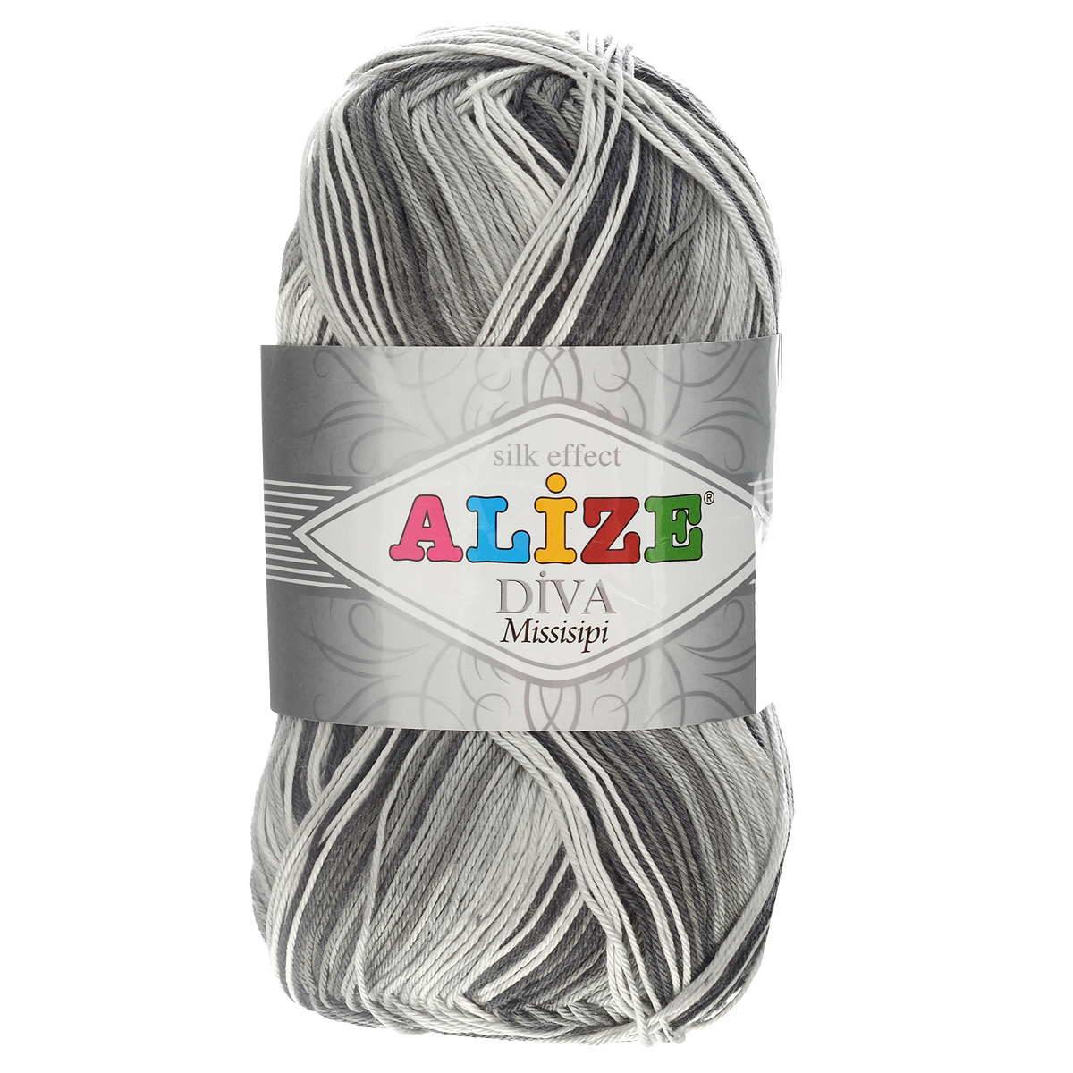 Пряжа для вязания Alize Diva. Missisipi, цвет: белый, серый, черный (3730), 350 м, 100 г, 5 шт367020_3730 Пряжа для вязания Alize Diva. Missisipi, цвет: белый, серый, черный (3730), 350 м, 100 г, 5 шт367020_3730Пряжа для вязания Alize Diva. Missisipi- это тщательно обработанная акриловая пряжа, которая приобретает вид мерсеризованной нити с эффектом шелка. Пряжа обладает отличными свойствами: мягкая, воздухопроницаемая, прочная. Пряжа из микрофибры считается материалом нового поколения. Легкая шелковистая пряжа удлиненной секции окрашивания для весенних или летних вещей. Приятная на ощупь, гигроскопичная она подойдет для сарафанов, туник, платьев, легких костюмов, кофт, шалей и накидок. Пряжа не скатывается, не вызывает аллергию, не линяет и не оставляет ворсинок на другой одежде. Рекомендации по уходу: деликатная ручная стирка при 30°С, не отжимать в стиральной машине, не отбеливать хлорсодержащими веществами. Глажение на минимальной температуре. Сушите на горизонтальной поверхности: предварительно придав изделию естественную форму. Рекомендованный размер спиц: №2,5-3,5. Рекомендованный размер крючка: №1-3.