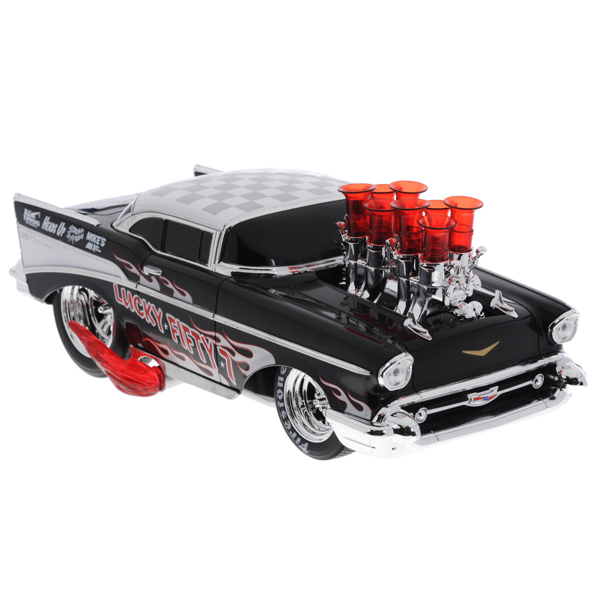 Maisto Модель автомобиля Chevrolet Bel Air 195781363 Maisto Модель автомобиля Chevrolet Bel Air 195781363Инерционная модель Maisto 1957 Chevrolet Bel Air - миниатюрная копия настоящего автомобиля. Стильная модель привлечет к себе внимание не только детей, но и взрослых. Игрушка выполнена из безопасного пластика и в точности повторяет оригинальную модель автомобиля. Машинка имеет яркий дизайн и обладает легким, но прочным каркасом. Мотор вынесен на капот модели. При нажатии на мотор срабатывает инерционный механизм задних колес и машинка резко стартует с места. При этом раздается рев мощного двигателя гоночного автомобиля, машинка вибрирует, загораются светящиеся элементы, имитирующие работу двигателя и пламя, вырывающееся из-под колес. Такая модель станет отличным подарком не только любителю автомобилей, но и человеку, ценящему оригинальность и изысканность, а качество исполнения, звуковые и световые эффекты представят такой подарок в самом лучшем свете. Для работы игрушки рекомендуется докупить 3 батареи напряжением 1,5V типа АА (товар комплектуется...