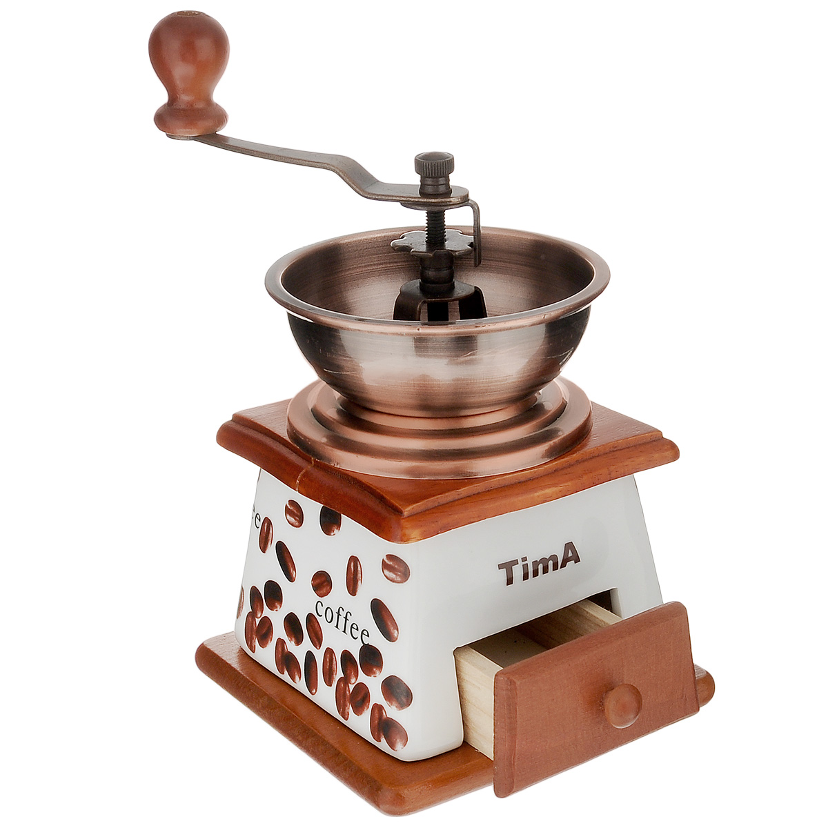 Кофемолка ручная TimA. SL-073SL-073 Кофемолка ручная TimA. SL-073SL-073Ручная кофемолка TimA, выполненная из дерева и керамики, украшенной изображением кофейных зерен, сочетает в себе эстетичность и функциональность. Она оснащена выдвижным деревянным ящичком для молотого кофе, металлической воронкой и удобной элегантной ручкой для помола. Изделие снабжено внутренним керамическим механизмом. Вы сможете регулировать степень помола от мелкого до крупного. Инструкция по регулировке степени помола имеется на упаковке изделия. Такая кофемолка станет незаменимым помощником на вашей кухне. Высота кофемолки: 16,5 см. Размер основания кофемолки: 11,5 см х 11,5 см.