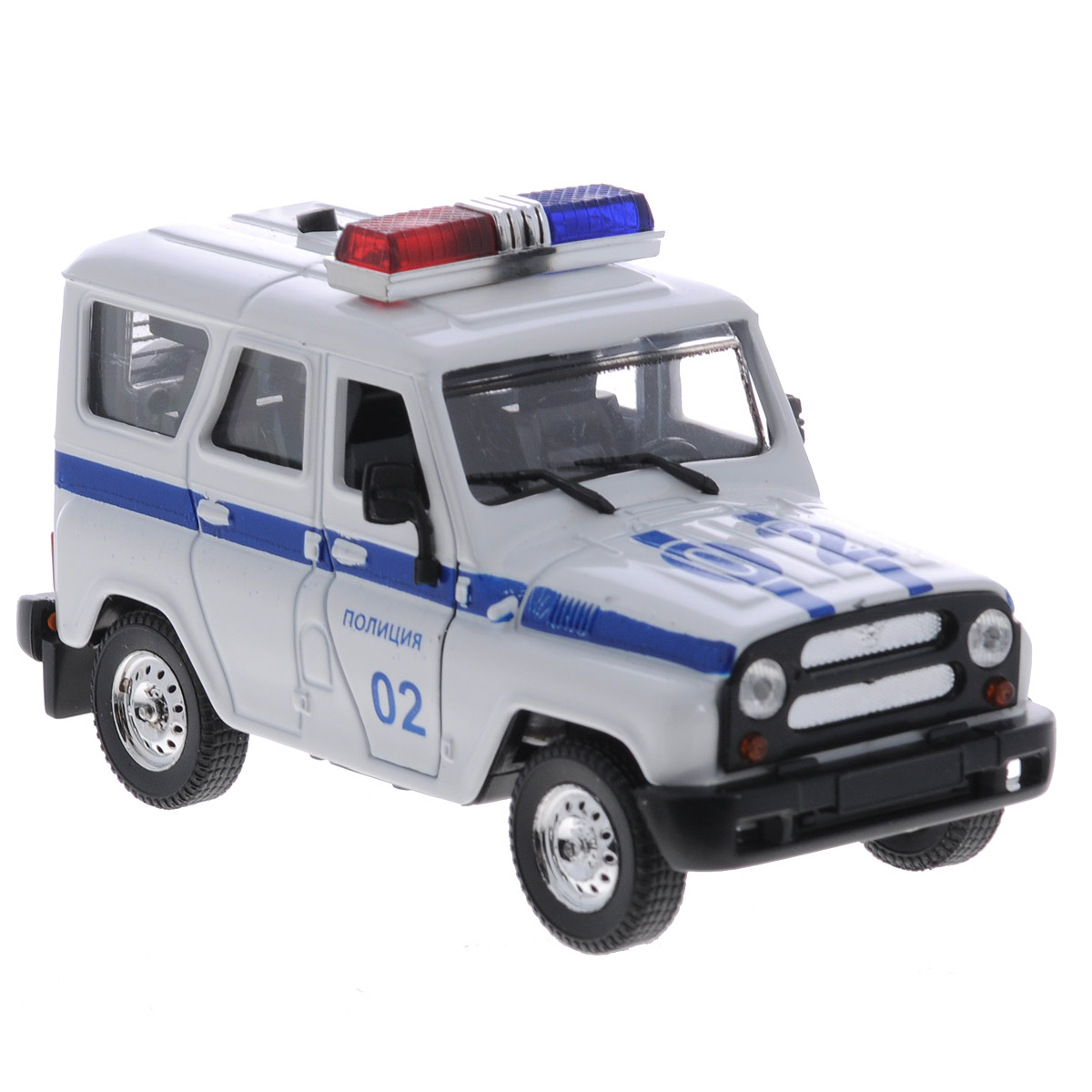 ТехноПарк Машинка инерционная УАЗ Hunter Полиция31514-2 ТехноПарк Машинка инерционная УАЗ Hunter Полиция31514-2Инерционная машинка ТехноПарк УАЗ Hunter: Полиция выполненная из пластика и металла, станет любимой игрушкой вашего малыша. Игрушка представляет собой модель полицейского автомобиля марки УАЗ Hunter. Дверцы кабины и задняя дверь кузова открываются. При нажатии на кнопку на крыше модели замигают проблесковые маячки и раздастся звук сирены. Игрушка оснащена инерционным ходом. Машинку необходимо отвести назад, затем отпустить - и она быстро поедет вперед. Прорезиненные колеса обеспечивают надежное сцепление с любой поверхностью пола. Ваш ребенок будет часами играть с этой машинкой, придумывая различные истории. Порадуйте его таким замечательным подарком! Машинка работает от батареек (товар комплектуется демонстрационными).
