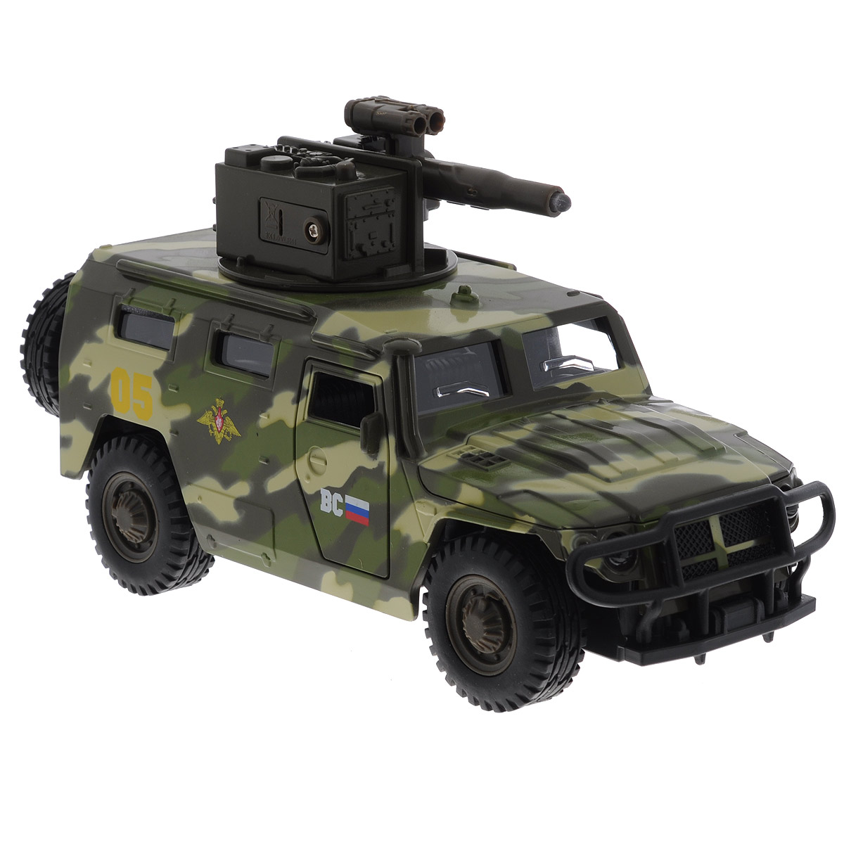 ТехноПарк Модель автомобиля ГАЗ ТигрCT12-392-G2 ТехноПарк Модель автомобиля ГАЗ ТигрCT12-392-G2Машинка ТехноПарк ГАЗ Тигр, выполненная из металла и пластика, станет любимой игрушкой вашего малыша. Игрушка представляет собой военный внедорожник ГАЗ Тигр, оснащенный открывающимися дверьми, капотом и багажником, а также вращающейся башней с пушкой. При нажатии кнопки на пушке кончик дула начинает светиться, при этом слышны звуки стрельбы и команды Огонь! В атаку!. Прорезиненные колеса обеспечивают надежное сцепление с любой поверхностью пола. Ваш ребенок будет часами играть с этой машинкой, придумывая различные истории. Порадуйте его таким замечательным подарком! Машинка работает от батареек (товар комплектуется демонстрационными).