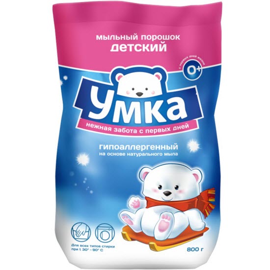 Стиральный порошок Умка, детский, 800 г870107 Стиральный порошок Умка, детский, 800 г870107Стиральный порошок Умка на основе натурального мыла подходит для стирки детского белья с первых дней жизни. Предназначен для замачивания, ручной стирки и стирки в автоматических стиральных машинах детского белья из хлопчатобумажных, льняных, синтетических тканей и тканей из смешанных волокон. Эффективно отстирывает даже самые сложные пятна и не разрушает структуру ткани. Современный состав порошка абсолютно безопасен для кожи и не вызывает раздражения даже при попадании на слизистые оболочки. Порошок полностью выполаскивается из белья и не образует пыли, которая может раздражать дыхательные пути. Низкие дозировки делают стирку экономичной и максимально снижают взаимодействие с моющим средством. Безопасен для всех видов стиральных машин, предотвращает образование накипи. Состав: натуральный мыльный порошок 10%, неионогенные поверхностно-активные вещества менее 5%, поликарбоксилаты, карбонат натрия, сульфат натрия, ароматическая композиция. Товар...