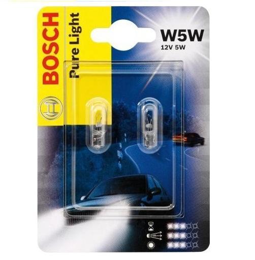 Лампа Bosch W5W 5Вт 2шт. 19873010261987301026 Лампа Bosch W5W 5Вт 2шт. 19873010261987301026Новые лампы Bosch выглядят наиболее эффектно в сочетании с фарами из прозрачного стекла и подчеркивают современный дизайн автомобилей. Основным предназначением габаритных огней является обозначение транспортного средства во время стоянки в темное время суток или в сложных погодных условиях, таких как ливень или густой туман, при этом лучше заметен сам автомобиль с фарами Bosch. Напряжение: 12 вольт