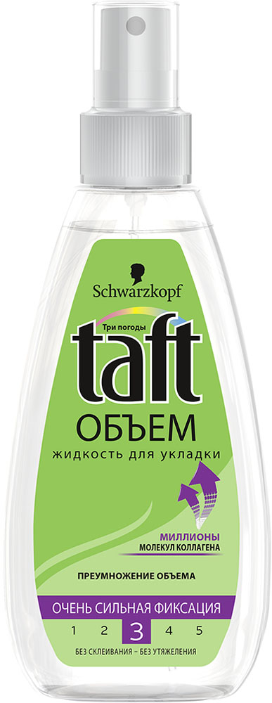 TAFT CLASSIC Жидкость для укладки Объем очень сильной фиксации , 150 мл9062055 TAFT CLASSIC Жидкость для укладки Объем очень сильной фиксации , 150 мл9062055МИЛЛИОНЫ МОЛЕКУЛ КОЛЛАГЕНА ПРЕУМНОЖЕНИЕ ОБЪЕМА – ДВОЙНОЙ ОБЪЕМ – ОЧЕНЬ СИЛЬНАЯ ФИКСАЦИЯ Формула Taft Объем содержит более 3 миллионов молекул коллагена, он придает волосам невероятный упругий объем без склеивания! - 48 часов фиксации без склеивания, не остав- ляет следов. - Помогает защитить волосы от пересушивания, не утяжеляя их.