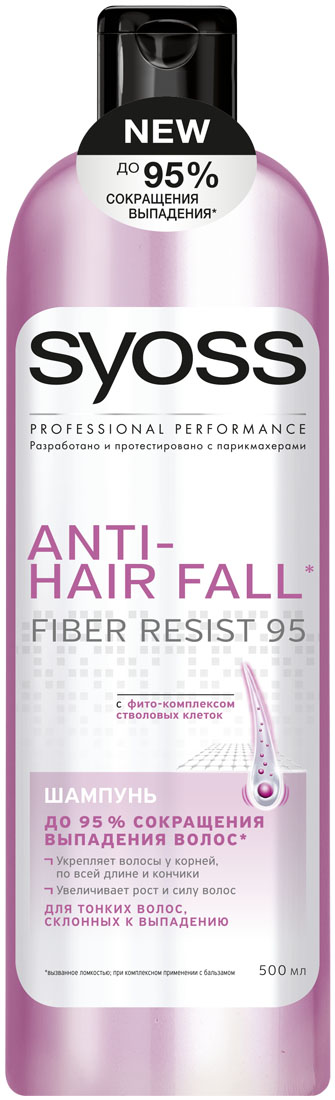 SYOSS Шампунь Anti-hair fall , 500 мл9034292 SYOSS Шампунь Anti-hair fall , 500 мл9034292До 95 % СОКРАЩЕНИЯ ВЫПАДЕНИЯ ВОЛОС, вызванного ломкостью. Формула с фито-комплексом стволовых клеток: 1) Действует непосредственно на корни волос 2) Укрепляет волосы по всей длине до самых кончиков 3) Волосы длинные & крепкие