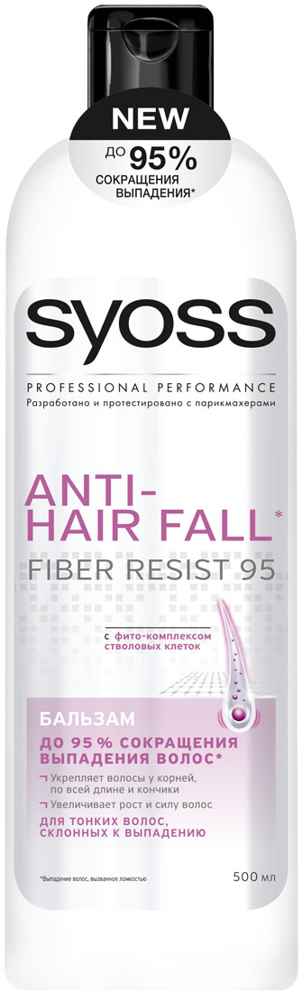 SYOSS Бальзам Anti-hair fall , 500мл9034291 SYOSS Бальзам Anti-hair fall , 500мл9034291До 95 % СОКРАЩЕНИЯ ВЫПАДЕНИЯ ВОЛОС, вызванного ломкостью. Формула с фито-комплексом стволовых клеток: 1) Действует непосредственно на корни волос 2) Укрепляет волосы по всей длине до самых кончиков 3) Легкое расчесывание & длинные, крепкие волосы