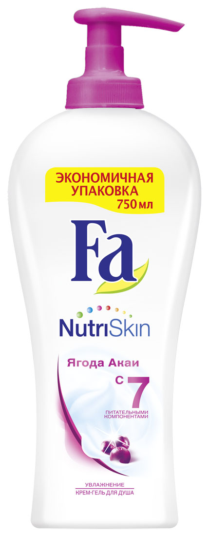 FA Гель для душа женский Nutri Skin Увлажнение Ягода акаи 750 мл, 750 мл12052922 FA Гель для душа женский Nutri Skin Увлажнение Ягода акаи 750 мл, 750 мл12052922Откройте для себя ощущение невероятно нежной кожи с Fa NutriSkin. Fa NutriSkin Увлажнение – ягода Акаи: Увлажняющий крем-гель для душа содержит уникальный комплекс из 7-ми питательных компонентов и помогает Вашей коже оставаться необыкновенно мягкой и гладкой. Интригующий и вдохновляющий аромат ягоды Акаи обволакивает тело и пробуждает чувства. - pH нейтральный - Хорошая переносимость кожей - Протестировано дерматологами
