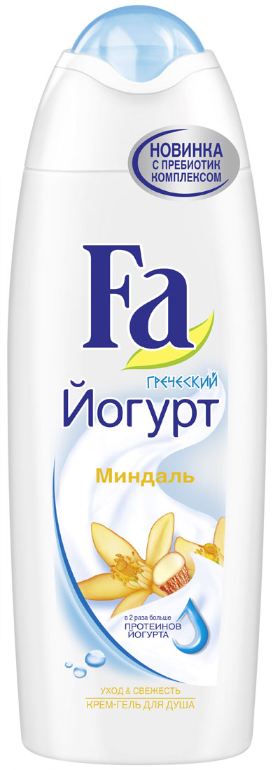 FA Гель для душа женский Греческий Йогурт, 250 мл12052746 FA Гель для душа женский Греческий Йогурт, 250 мл12052746Откройте для себя море свежести и бережное очищение с крем-гелем Fa Греческий Йогурт. Его формула с удвоенными протеинами йогурта поддерживает естественный баланс кожи и защищает ее от сухости каждый раз, когда вы принимаете душ с Fa. Легкая кремовая текстура геля с мягким ароматом миндаля превращается в воздушную пену и балует вашу кожу. - С удвоенными протеинами йогурта для интенсивного ухода - С пребиотик комплексом для защиты кожи - pH нейтральный - Хорошая переносимость кожей - Протестировано дерматологами